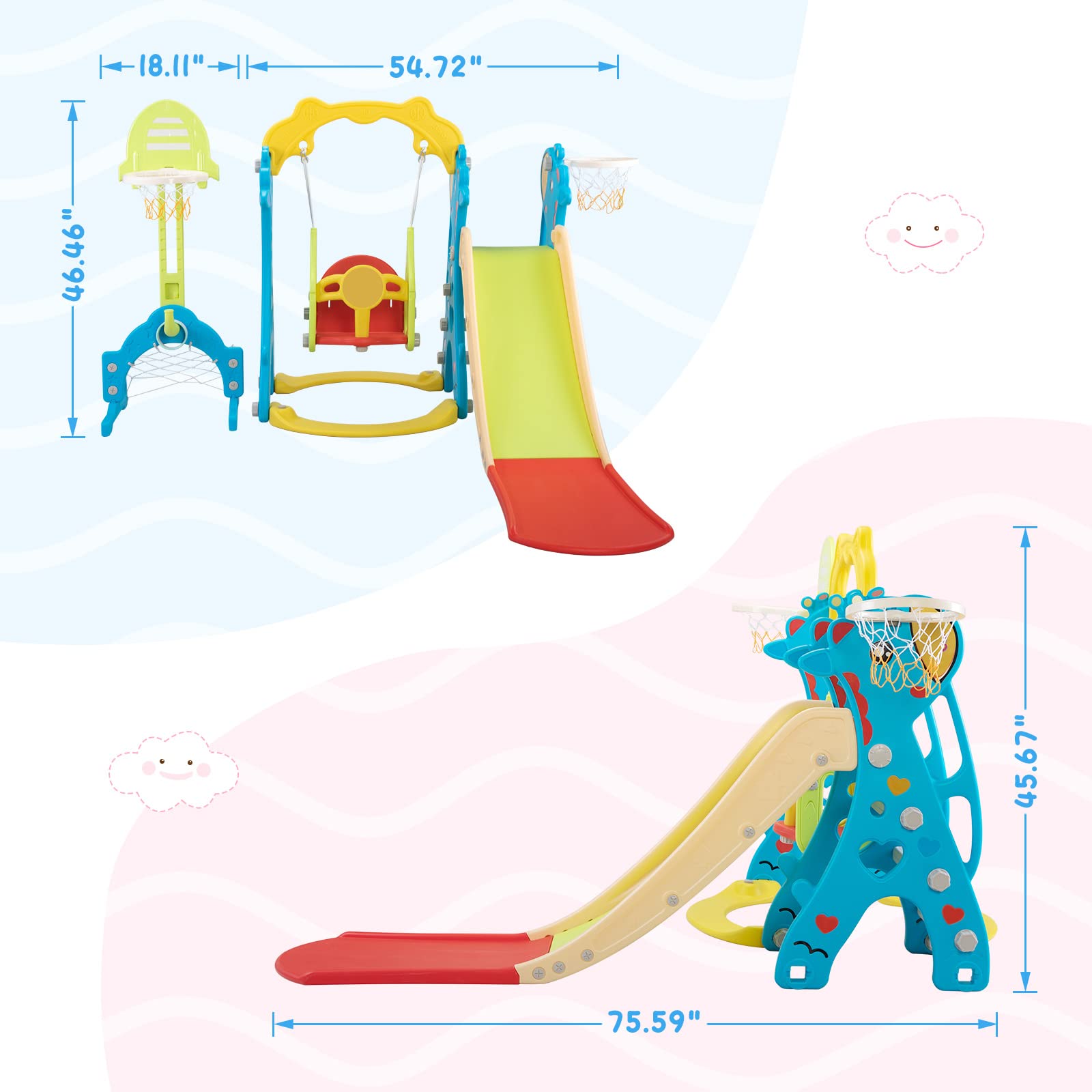 6-in-1 Toddler Slide and Swing Set - Indoor/Outdoor Freestanding Playground with Basketball Hoop for Kids Ages 3-12 | Backyard Slide & Climber for Toddlers & Children | Perfect for Home Playgrounds, Daycares, and Outdoor Family Fun