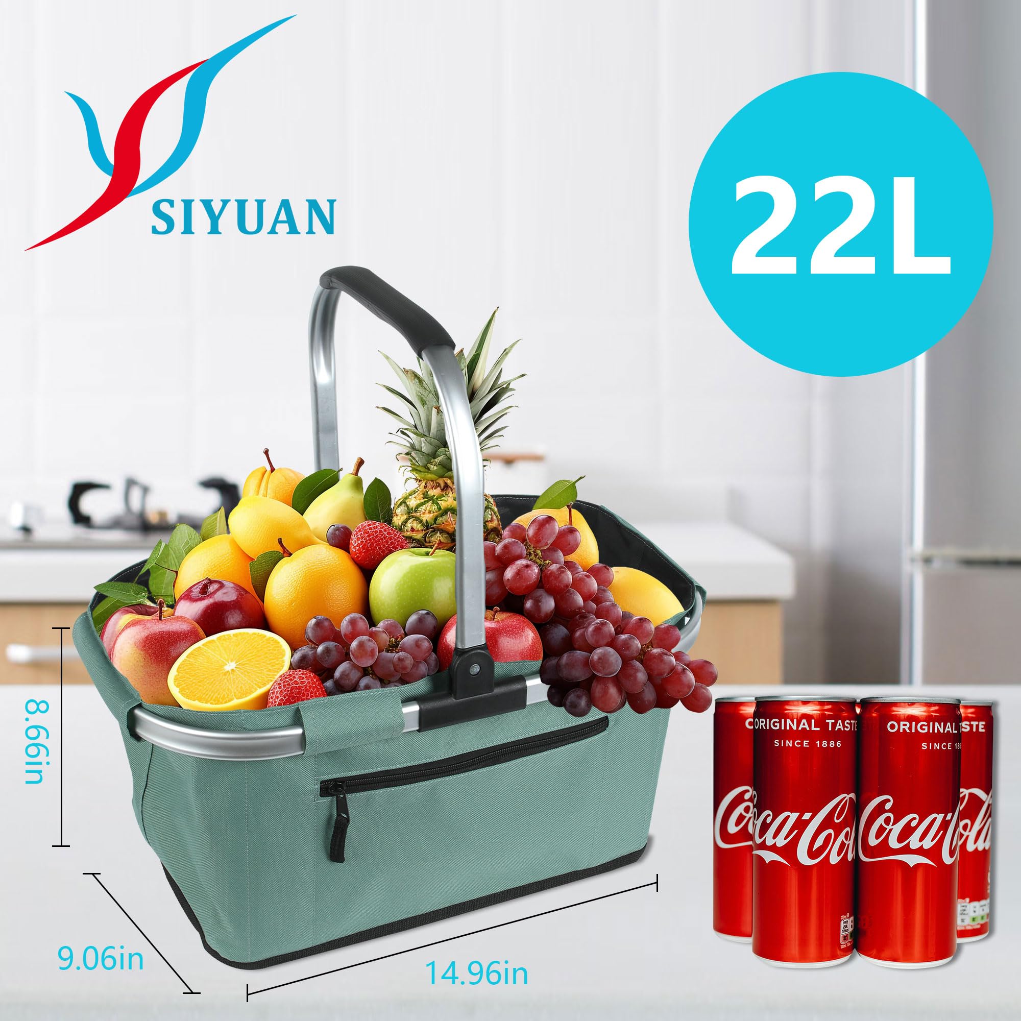 SIYUAN 22L Collapsible Picnic Basket with Handle - Portable Folding Grocery Basket for Shopping, Laundry & Travel - Reusable Green Storage Organizer for Outdoor Picnics, Beach Trips & Camping