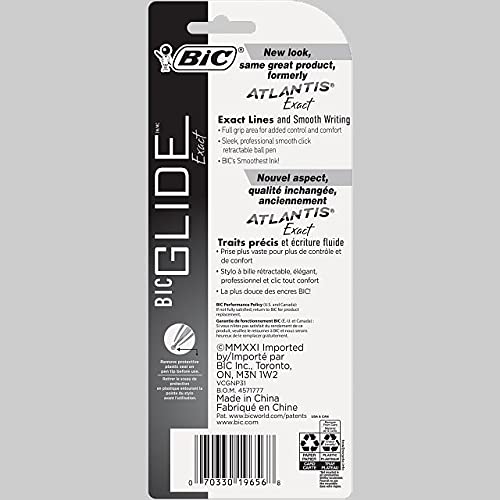 BIC Glide Exact Retractable Ballpoint Pens - Fine Point 0.7mm Blue Ink - Smooth Writing for Office, School & Note Taking - Pack of 3 Pens