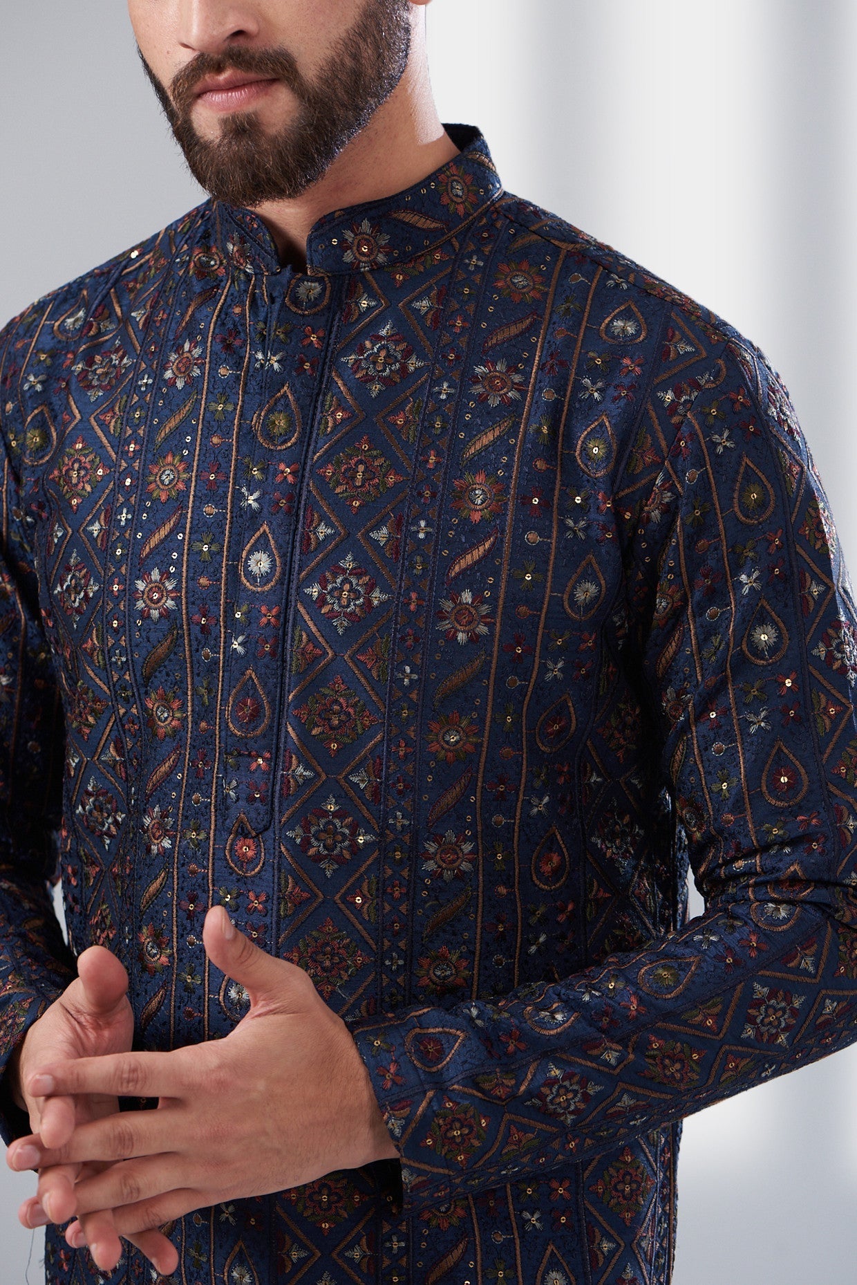 Premium Navy Blue Multi-Thread Embroidered Work Kurta for Men - Office Wear & Festive Occasions