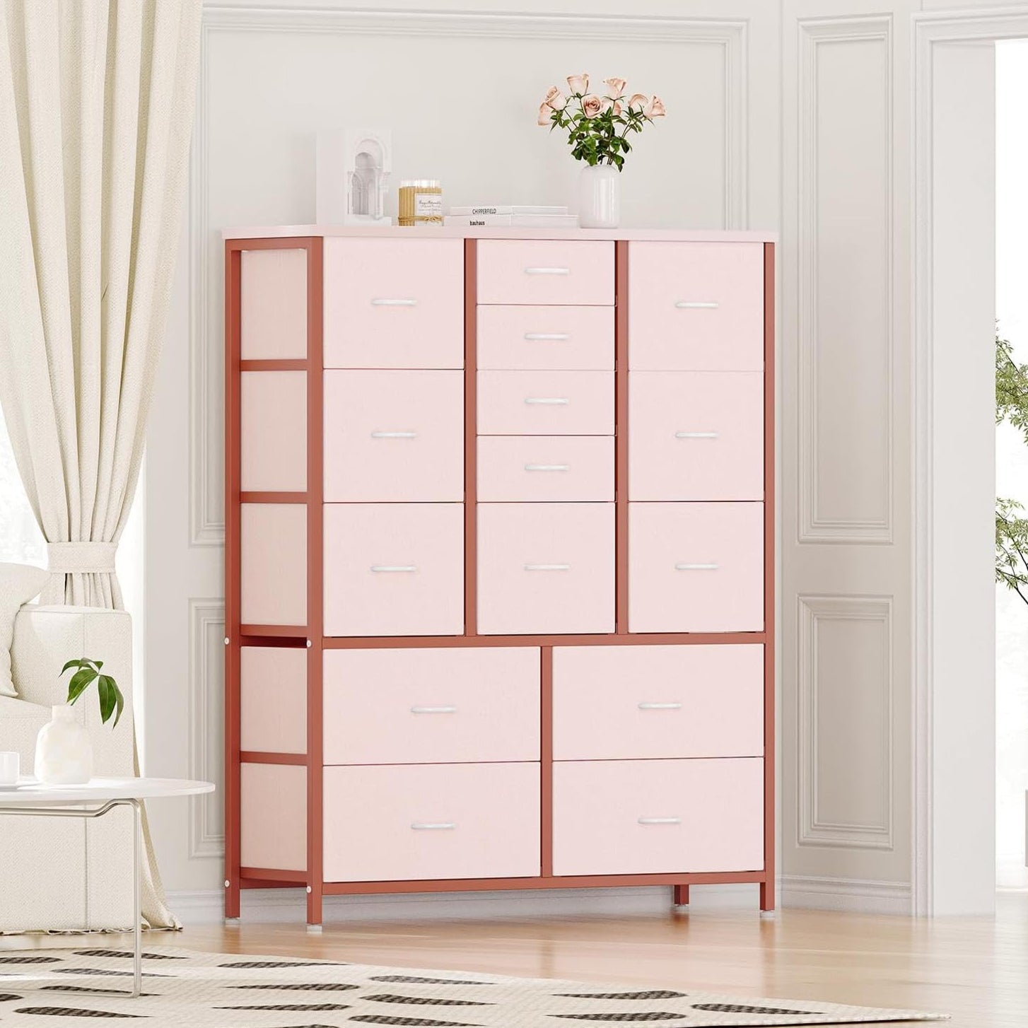 GARVEE 15-Drawer Fabric Dresser with Metal Frame & Wood Top - Tall Storage Organizer for Bedroom, Living Room, Entryway - Side Pockets & Hooks, Adjustable Feet - Perfect for Clothes, Toys, Shoes & Home Organization