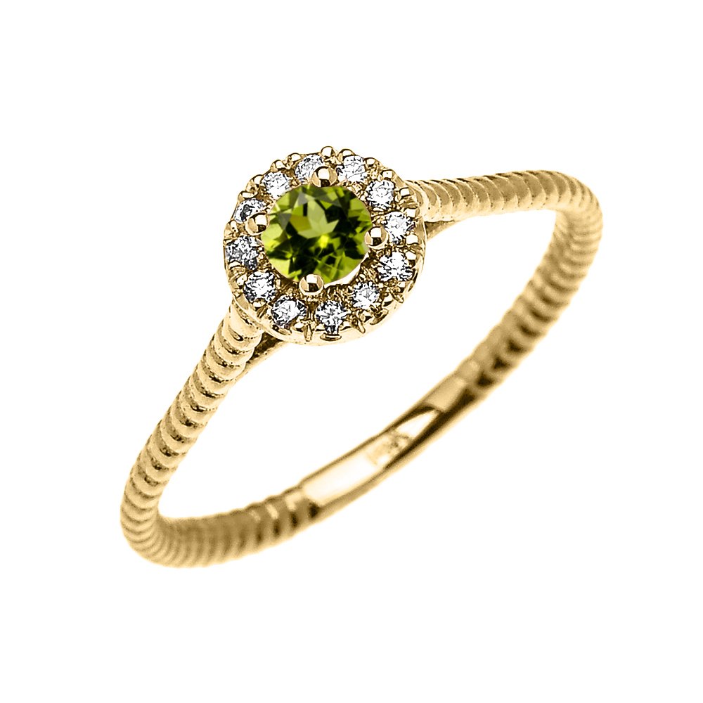 10K Yellow Gold Dainty Halo Diamond & Solitaire Peridot Rope Design Promise Ring for Women - Elegant Gift for Anniversary, Engagement, Valentine's Day or Special Occasion