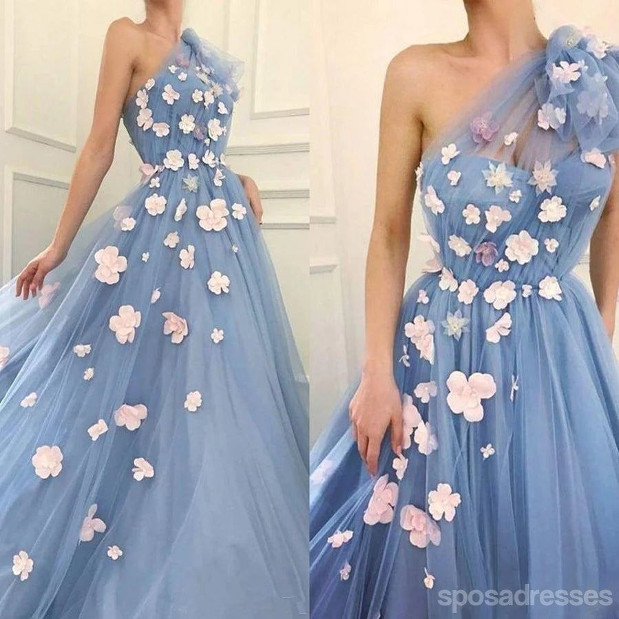 Floral Blue A-Line One Shoulder Long Prom Dresses for Women - Elegant Formal Evening Gowns for Homecoming, Wedding Guest & Special Occasions