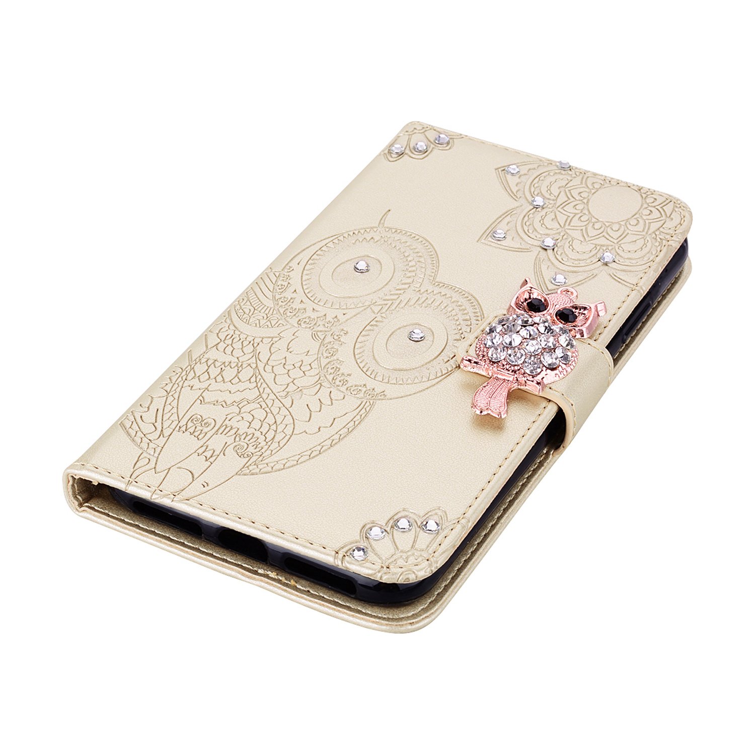 Samsung Galaxy S21 Case for Women - Glitter Bling Diamond PU Leather Wallet Phone Cover with Wrist Strap, Full Body Protective Flip Case (Owl Gold) | Perfect for Everyday Use, Travel & Gift Giving
