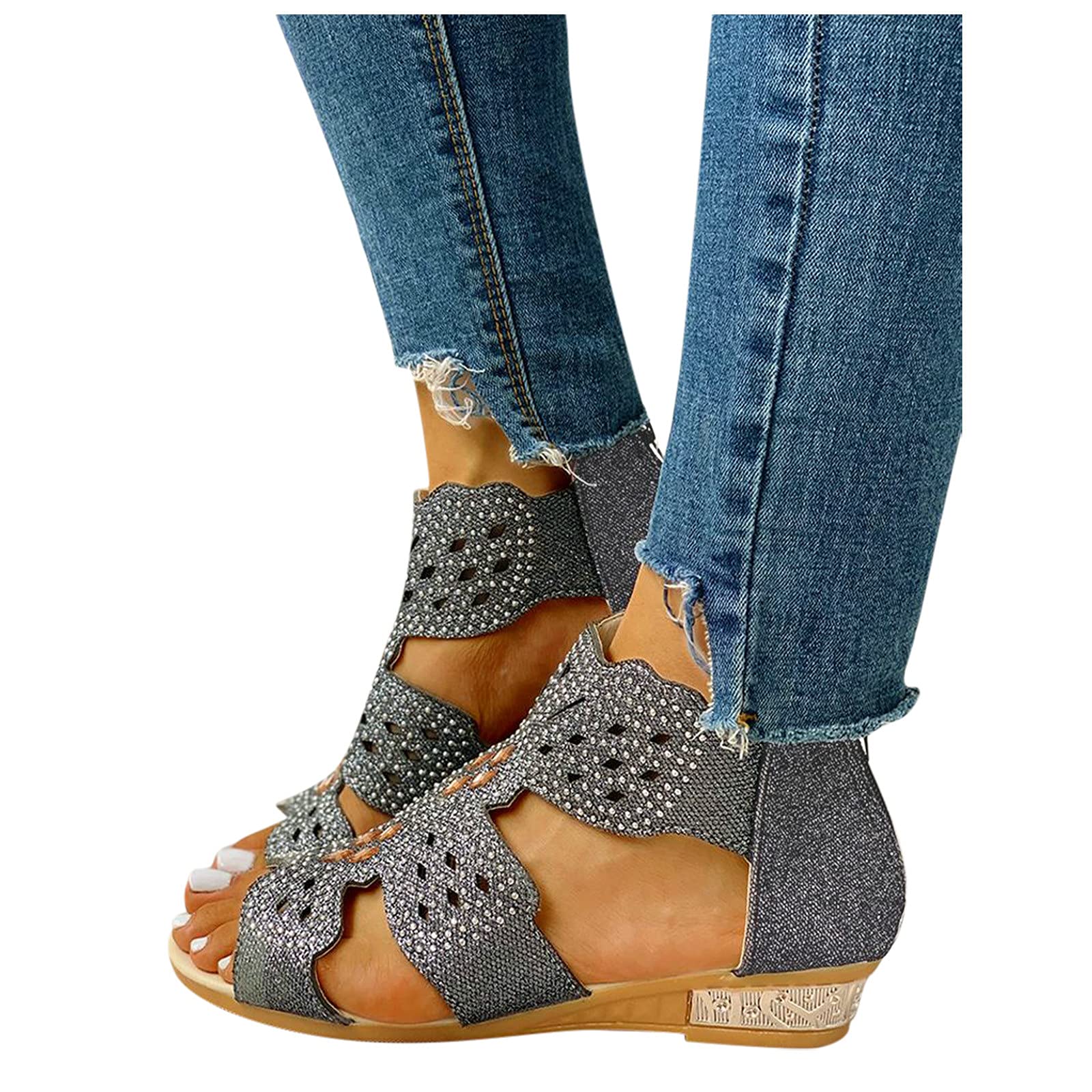 COOKI Women's Summer Sandals - Casual Roman Zipper Hollow Out Wedge Flat Sandals for Women | Comfortable Beach Walking, Vacation Outfits & Daily Wear