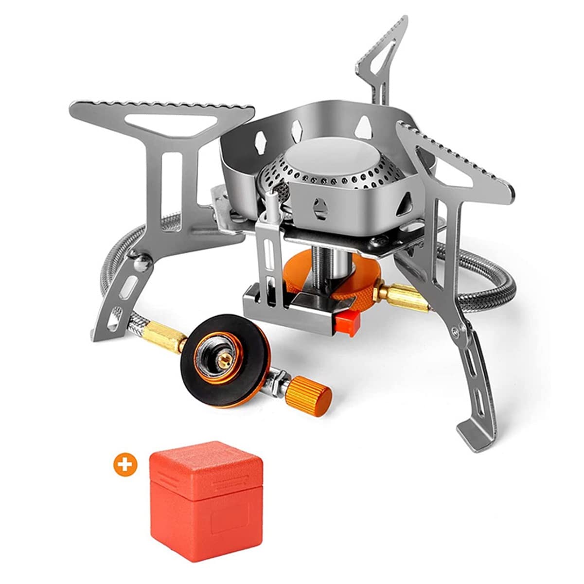 CHAOBING Windproof Camping Gas Stove with Built-in Brackets - Portable Outdoor Burner Head with Split Wok Design, Regulator Hose & Electronic Ignition - Perfect for Backpacking, Hiking, Picnics & Outdoor Cooking (Silver)
