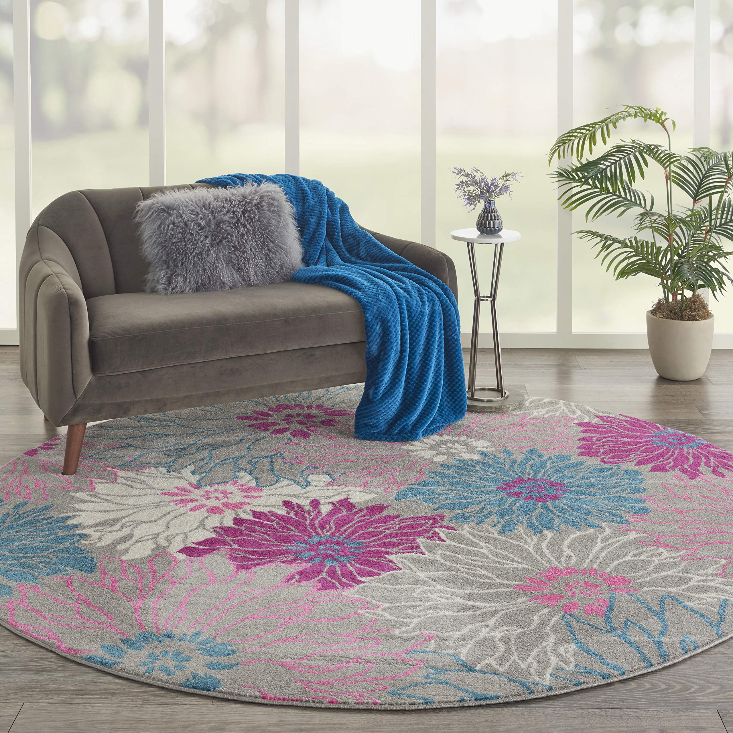 Nourison Passion Grey 8' Round Floral Farmhouse Area Rug - Non-Shedding & Easy to Clean - Perfect for Bedroom, Living Room, Dining Room & Kitchen Decor