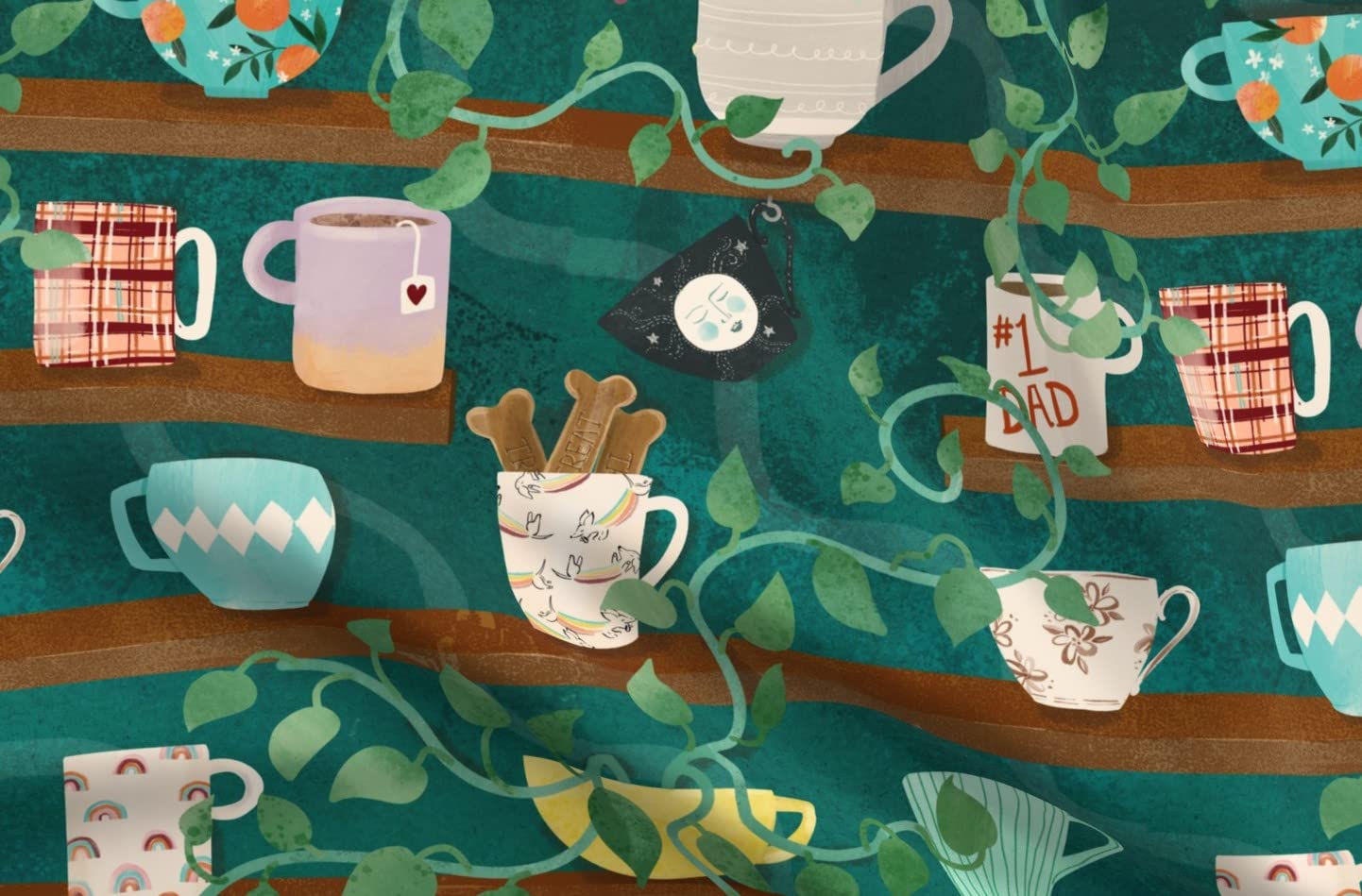 Teal Fruit Plants Coffee Tea Dogs Printed Chiffon Fabric Fat Quarter - Spoonflower Fabric for Sewing, Fashion Apparel, Dresses & Home Decor - Perfect for DIY Crafts, Quilting, Curtains and Decorative Pillows