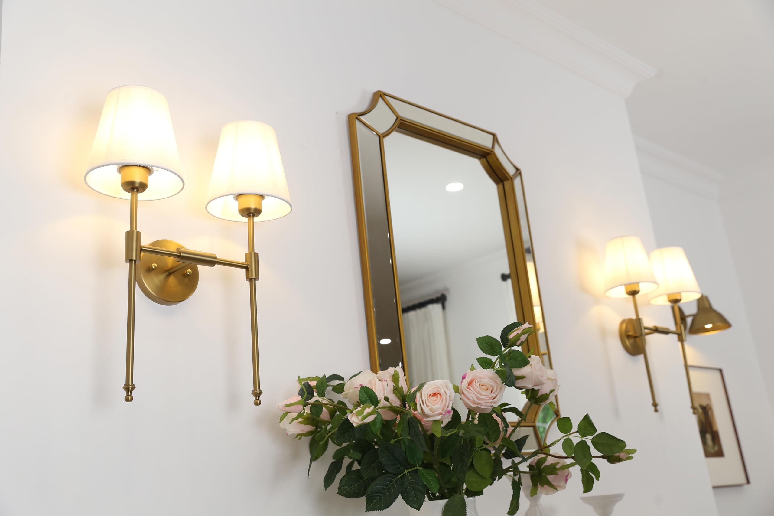 PERMO Classic Rustic Double Sconce Wall Light - 2-Light Antique Brass Fixture with White Flared Fabric Shade - Perfect for Bathroom, Bedroom, Hallway & Living Room Lighting Decor