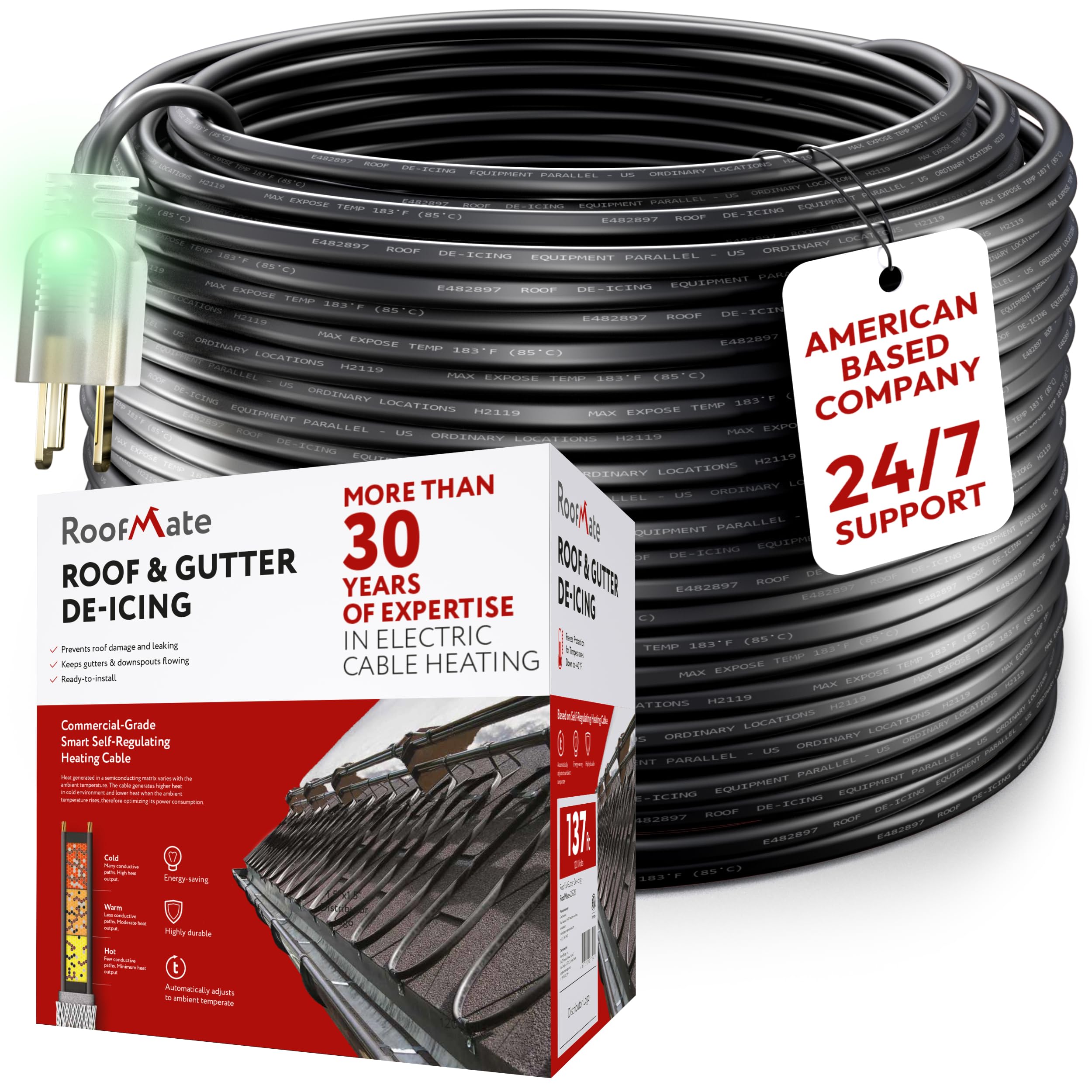 RoofMate Self-Regulating Roof Heating Cable & Gutter Heat Tape - 100-Foot De-Icing Cable with 10-Ft Cold Lead for Roof & Gutter Snow Melting, Ice Dam Prevention, 120V, 7 Watts/Ft - Perfect for Winter Roof Protection & Gutter Maintenance in Cold Climates