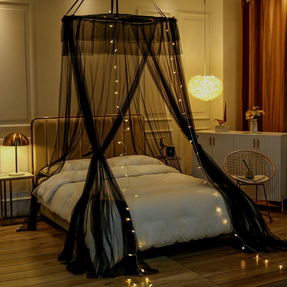 Elegant Lace Round Mosquito Net Bed Canopy - Sheer Mesh Bed Curtains for Twin, Full, Queen & King Size Beds - Princess Canopy Dome with Lights - Perfect for Bedroom Decor, Romantic Nights & Mosquito Protection