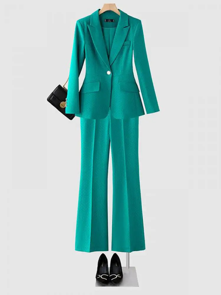 Women's Autumn Winter Office Blazer & High Waist Wide Leg Pants Set - Elegant Solid Color Two-Piece Suit for Work, Business Casual & Professional Outfits