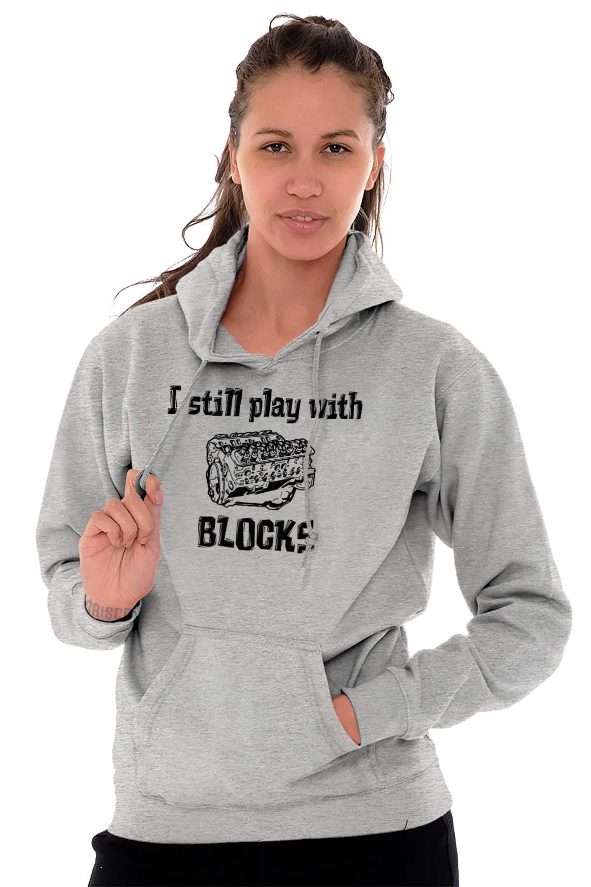 Brisco Brands Play With Blocks Car Engine Mechanic Hoodie Sweatshirt for Men & Women - Perfect for Auto Enthusiasts, Mechanics, and Casual Wear