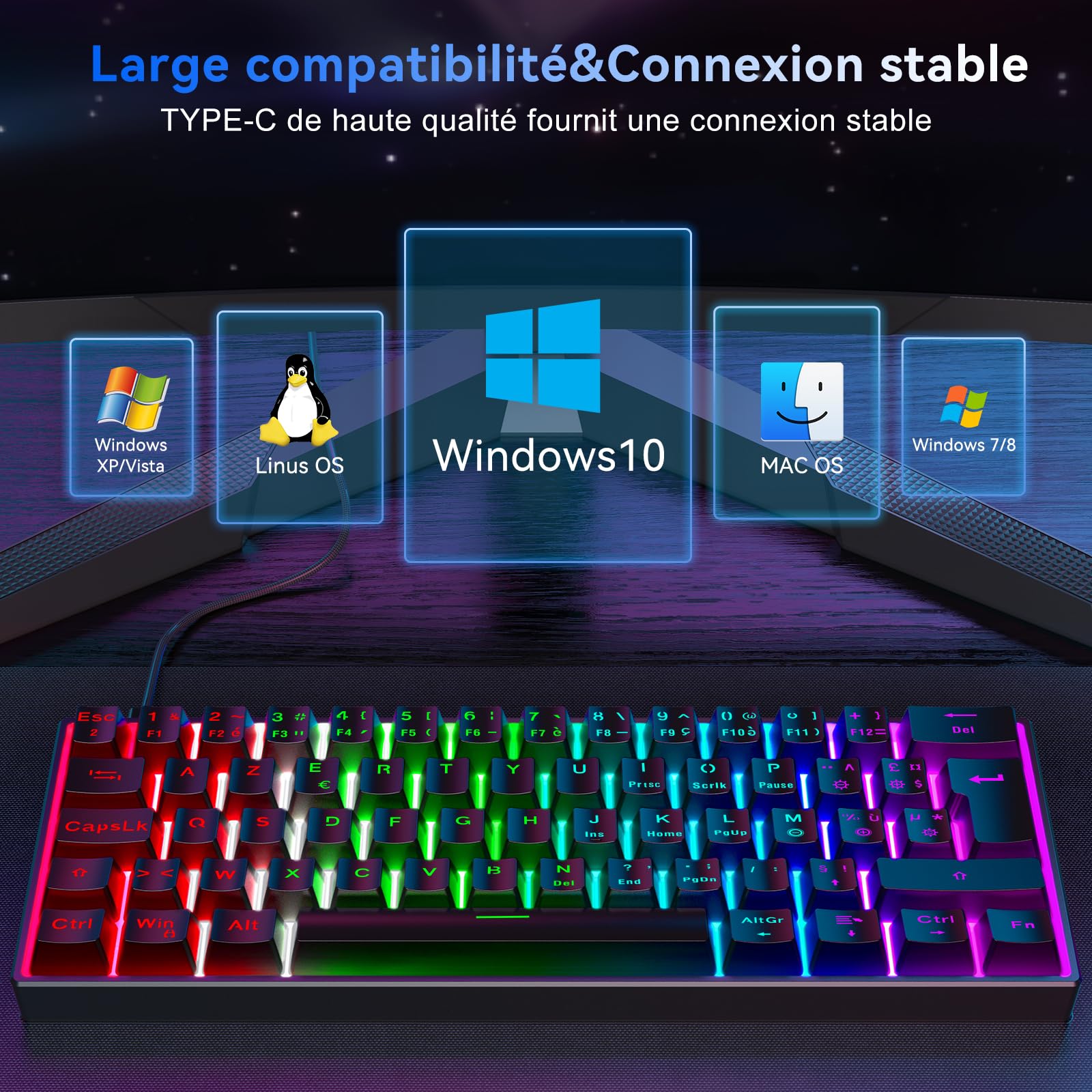 TECURS 60% Azerty Mechanical Gaming Keyboard with Red Switches - Wired LED Backlit Compact Keyboard for PC, Windows, PS5, PS4 (Black) - Perfect for Esports, Gaming & Office Work