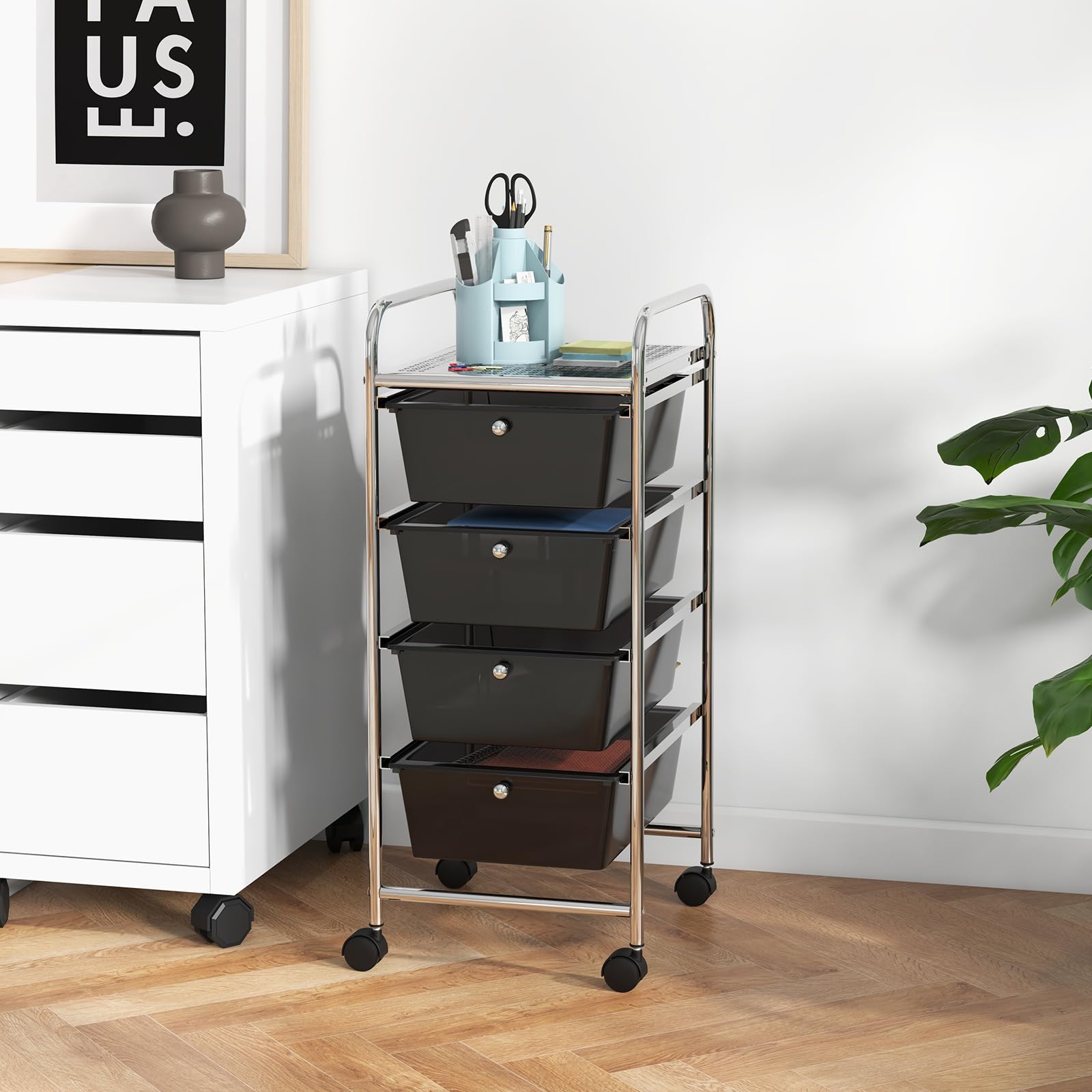 COSTWAY 4-Drawer Rolling Storage Cart | Plastic Organizer with Removable Drawers | Multipurpose Utility Cart for Home, Office & School | Perfect for Scrapbook Paper, Tools & Supplies (Black)