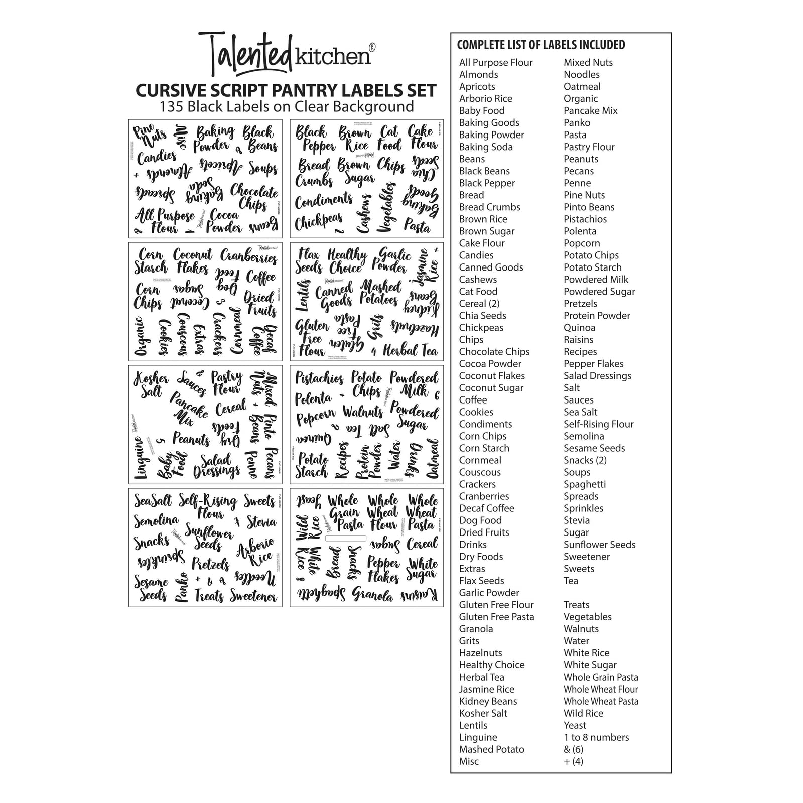 135 Preprinted Pantry Labels for Food Containers - Waterproof Black Cursive Clear Stickers for Organizing Kitchen Storage Canisters & Jars | Perfect for Pantry Organization, Meal Prep & Home Decluttering