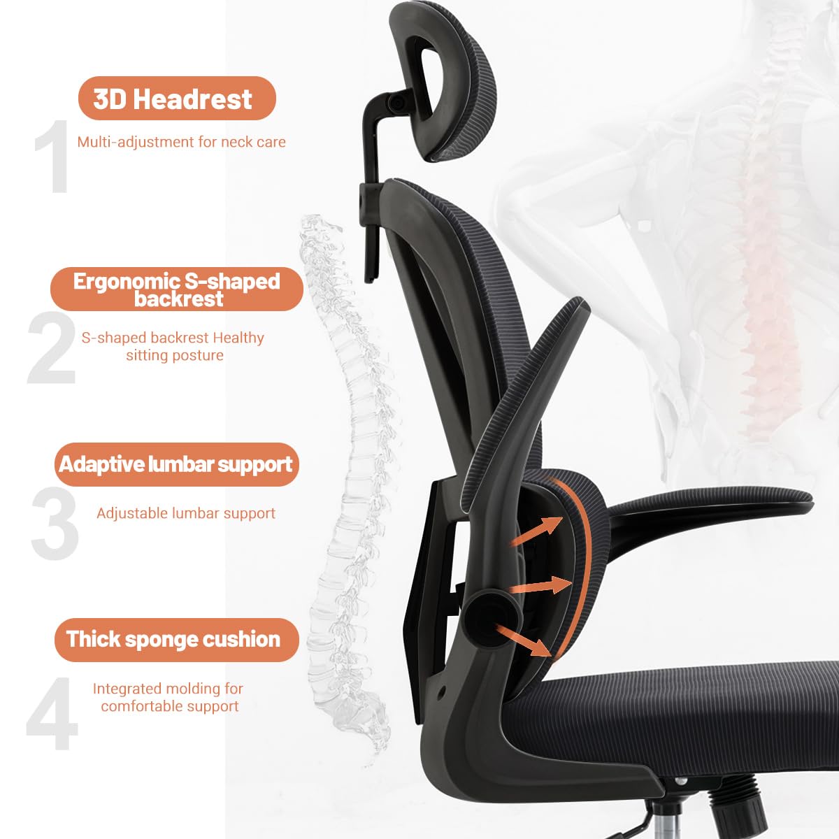 Ergonomic Office Chair with Flip-Up Armrests & Lumbar Support - High Back Mesh Computer Desk Chair, Adjustable Headrest Swivel Task Chair for Home Office & Gaming - Black | Perfect for Long Work Hours & PC Gaming Sessions