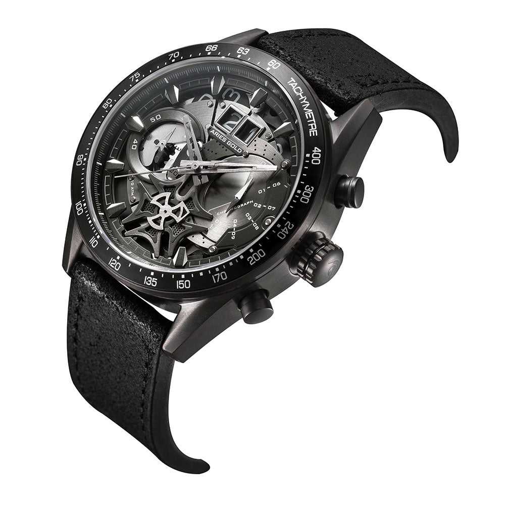 ARIES GOLD Chronograph Men's Watch - Black Stainless Steel Case & Leather Strap - Water Resistant - Perfect for Business, Casual & Formal Occasions