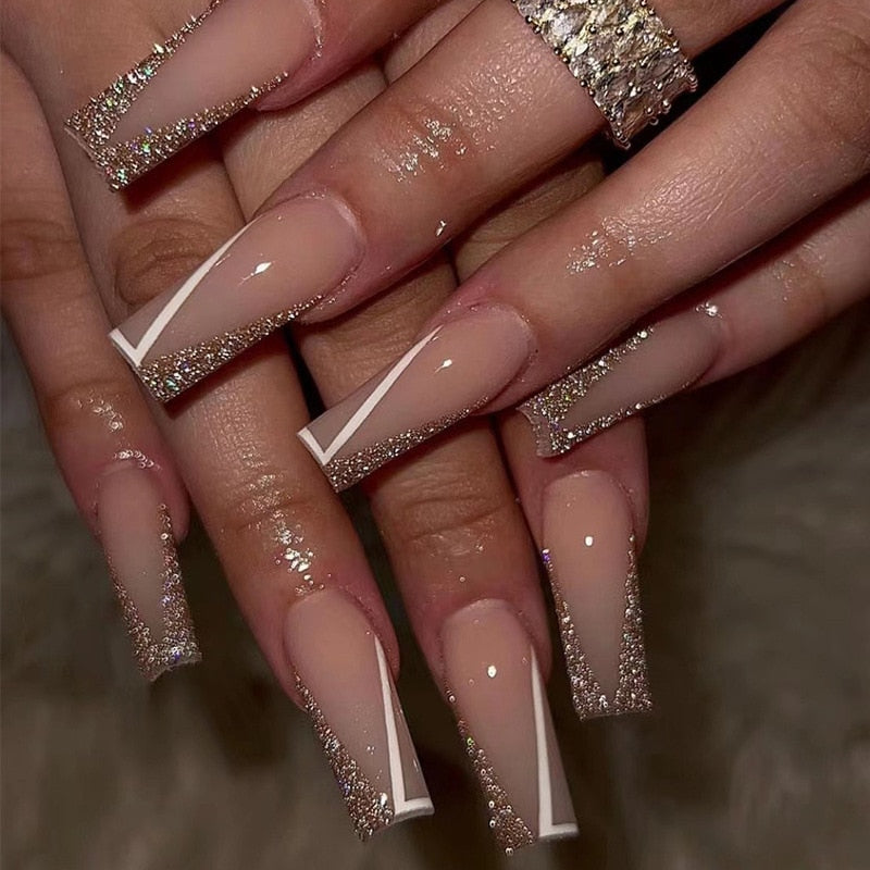 24Pcs Long Coffin False Nails with Gold Glitter Sequins Designs - Full Cover Press On Fake Nails Tips - Wearable Manicure Art Accessories for Parties, Weddings & Special Occasions