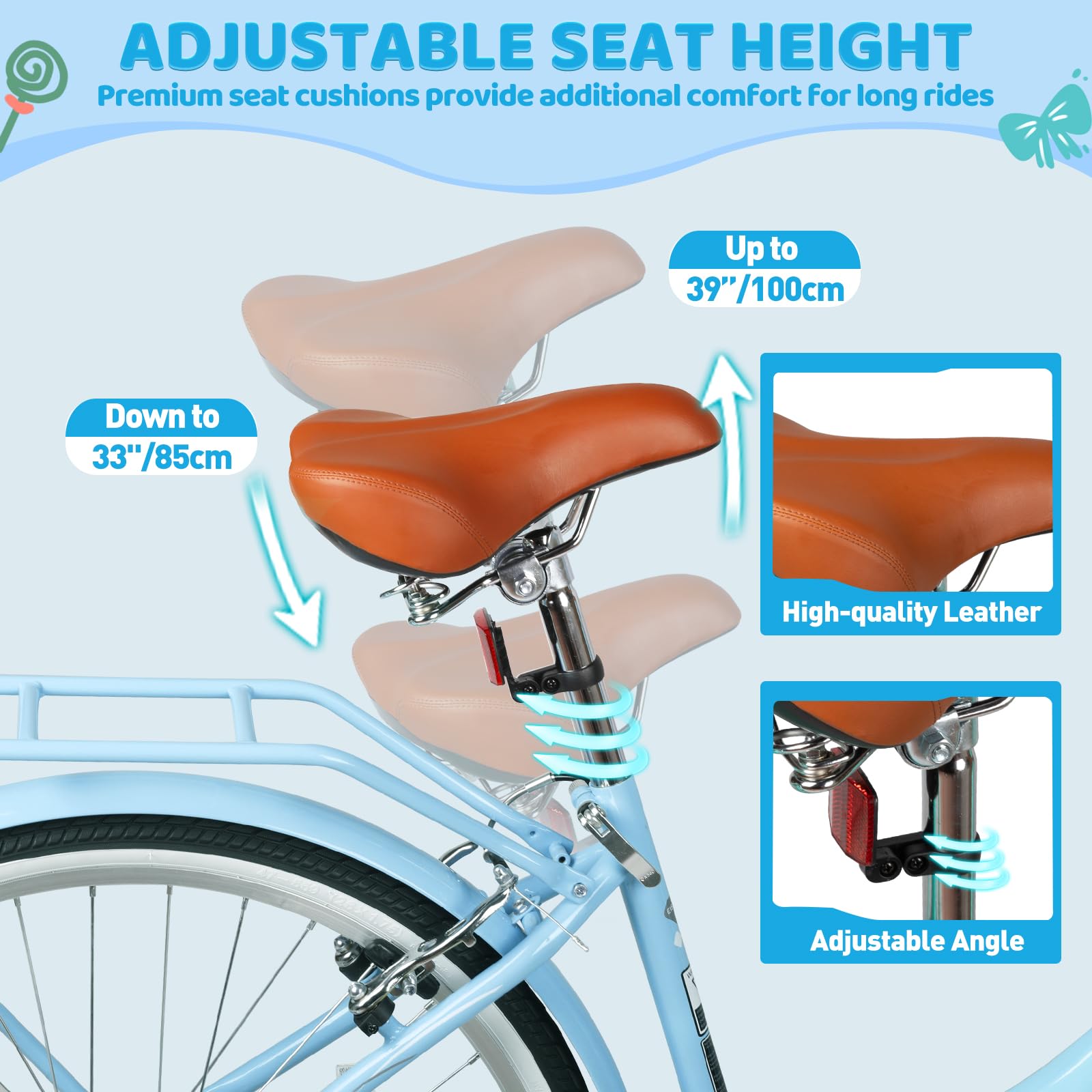 26 Inch Women's Beach Cruiser Bike with Basket - 7 Speed Hybrid Bicycle for Adults, Lightweight Frame & Anti-Skid Tires, Easy Assembly - Perfect for Commuting, Leisure Rides & Coastal Adventures (Blue)