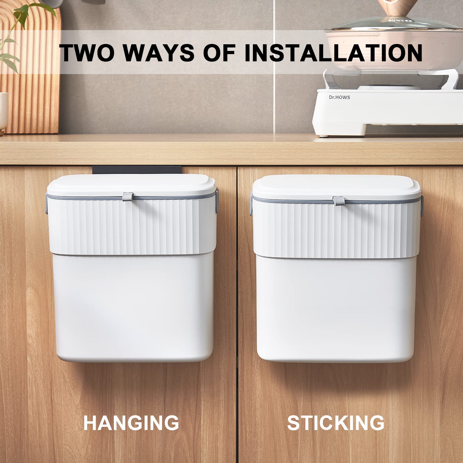 ELPHECO 2.5 Gallon Hanging Trash Can with Lid - Under Sink Kitchen Compost Bin, Wall-Mounted Plastic Garbage Can for Small Spaces, Compact Trash Bin for Cupboard & Countertop - Perfect for Kitchen, Bathroom, Office & RV Use