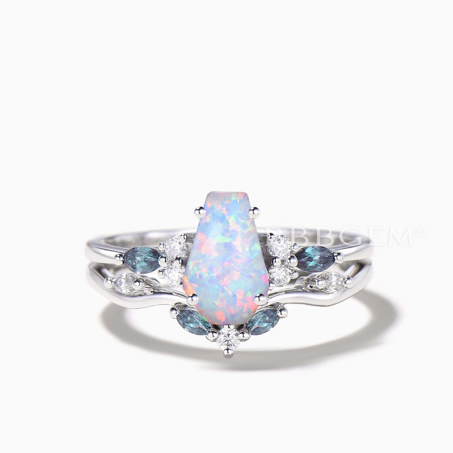 3-Piece Coffin Cut White Opal Bridal Ring Set with Diamond & Alexandrite Cluster – Perfect for Engagement, Wedding, and Anniversary Gifts