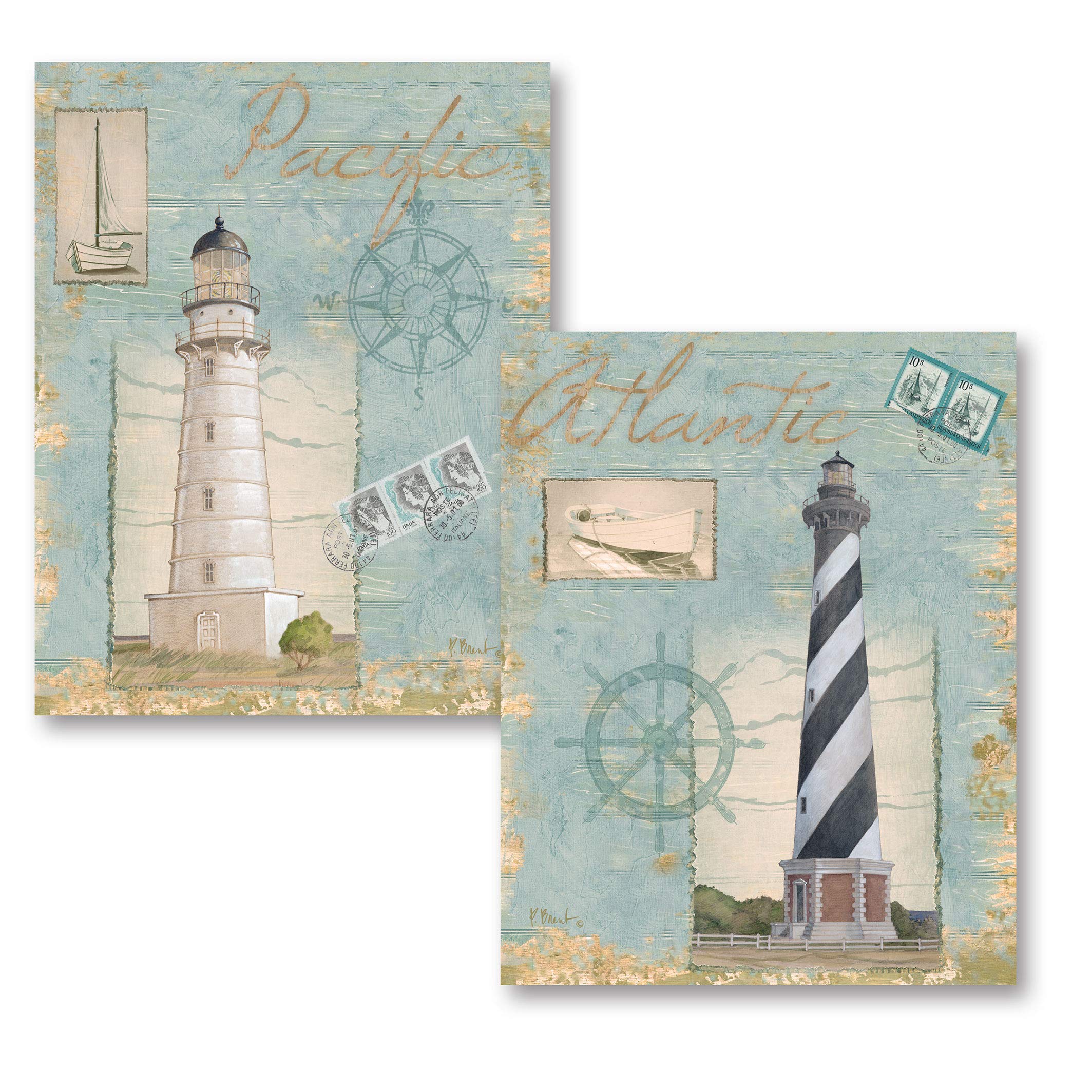 Gango Home Decor Seacoast Lighthouse Prints - Atlantic & Pacific Oceanside Wall Art - Set of Two 11x14 Coastal Posters - Perfect for Beach House, Living Room, or Nautical Theme Decor