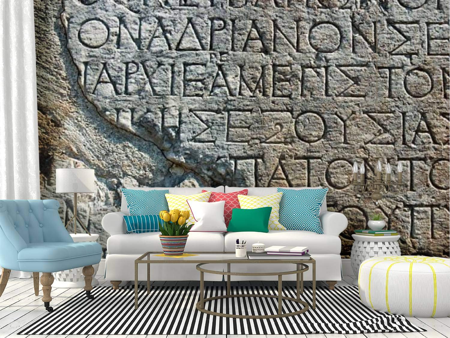 RECETHROWS Greek Inscription Wall Mural - Delphi Rock Text Peel & Stick Wallpaper, Self-Adhesive Vinyl Film, Large Removable Wall Sticker for Home Decor | Perfect for Living Rooms, Bedrooms, and Office Spaces