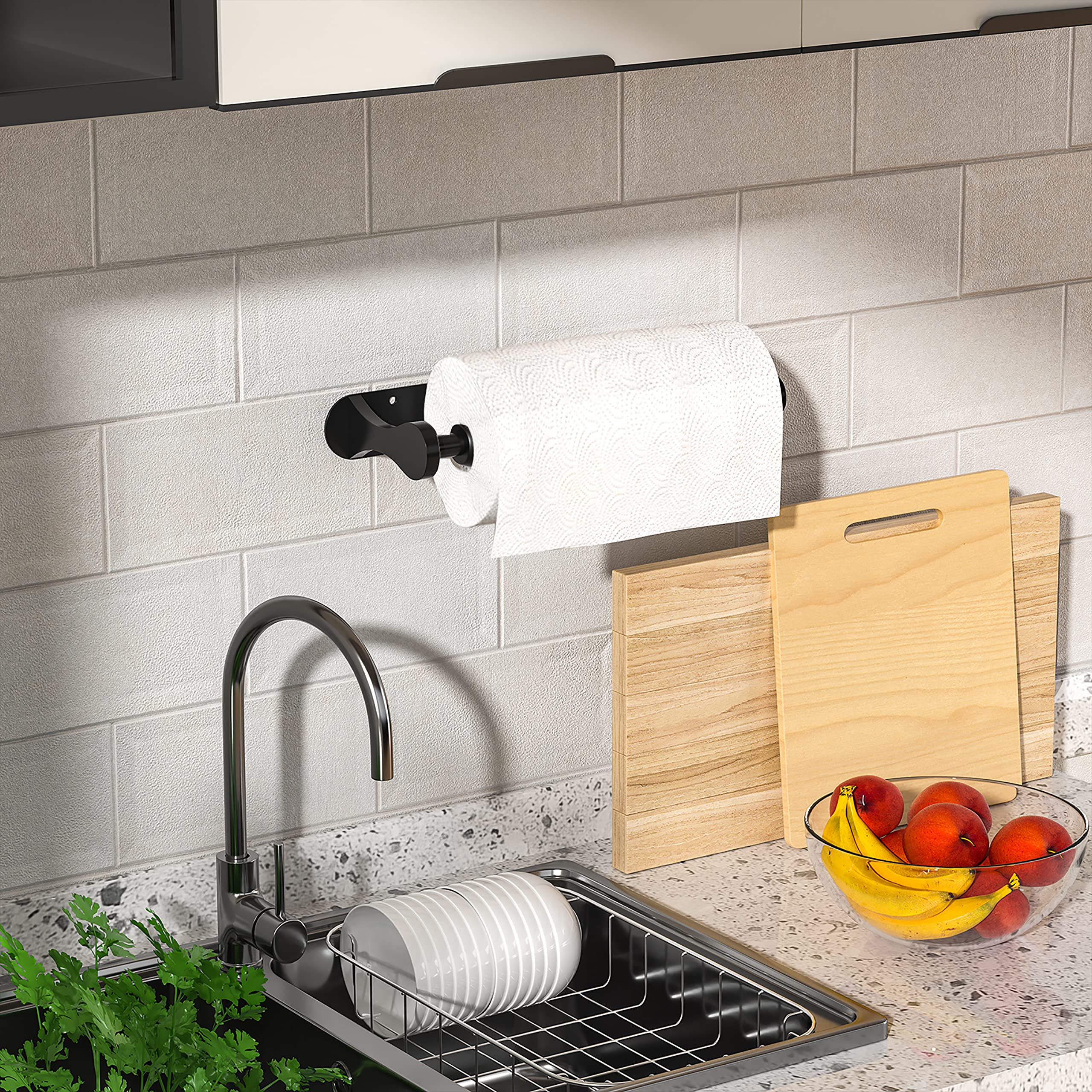 Stainless Steel Under Cabinet Paper Towel Holder - One-Handed Tear, Wall Mount & Adhesive Mounting Options - Black Kitchen & Bathroom Paper Roll Holder with Ratchet Mechanism - Perfect for Farmhouse, RV, Office & Home Decor Essentials