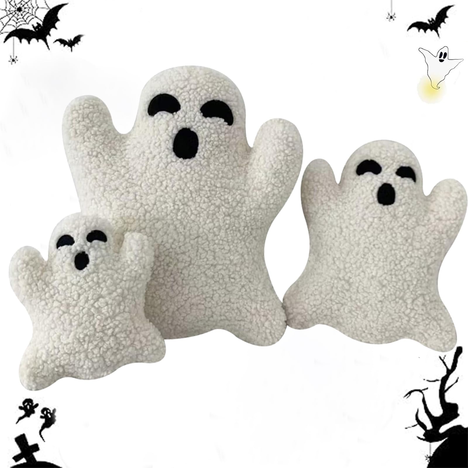 Spooky Halloween Ghost Pillow Set (3PCS) - Soft Plush Ghost-Shaped Throw Pillows for Sofa, Bed & Couch - Cute Decorative Ghost Stuffed Animal for Kids, Holiday Party & Home Decor - Perfect Halloween Gift