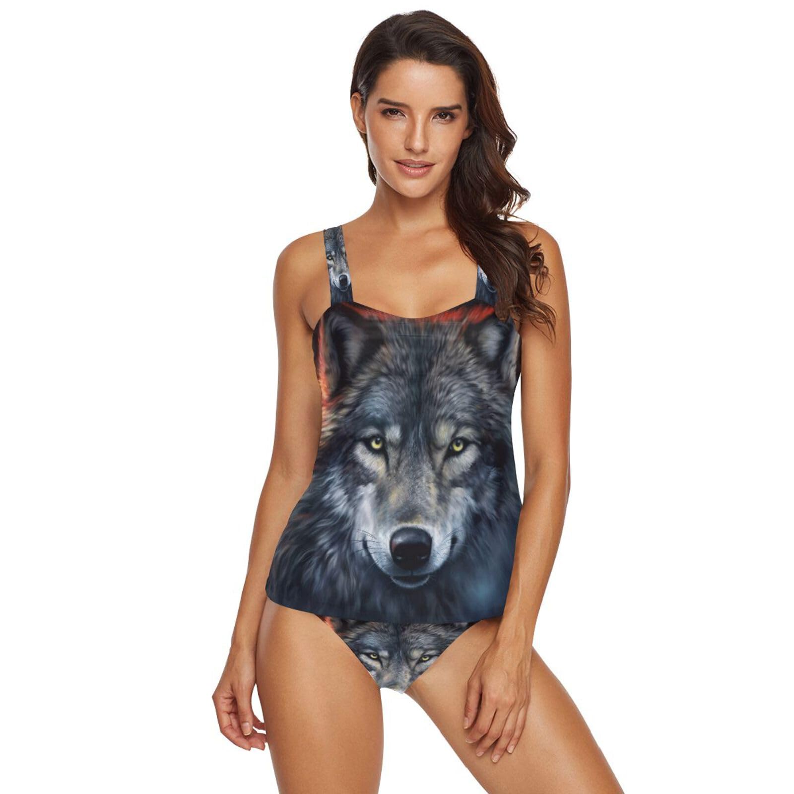 Wolf 2 Piece Women's Tankini Swimsuit - Tummy Control Sport Bathing Suit with Bikini Bottom | Perfect for Swimming, Beach Vacation & Water Sports