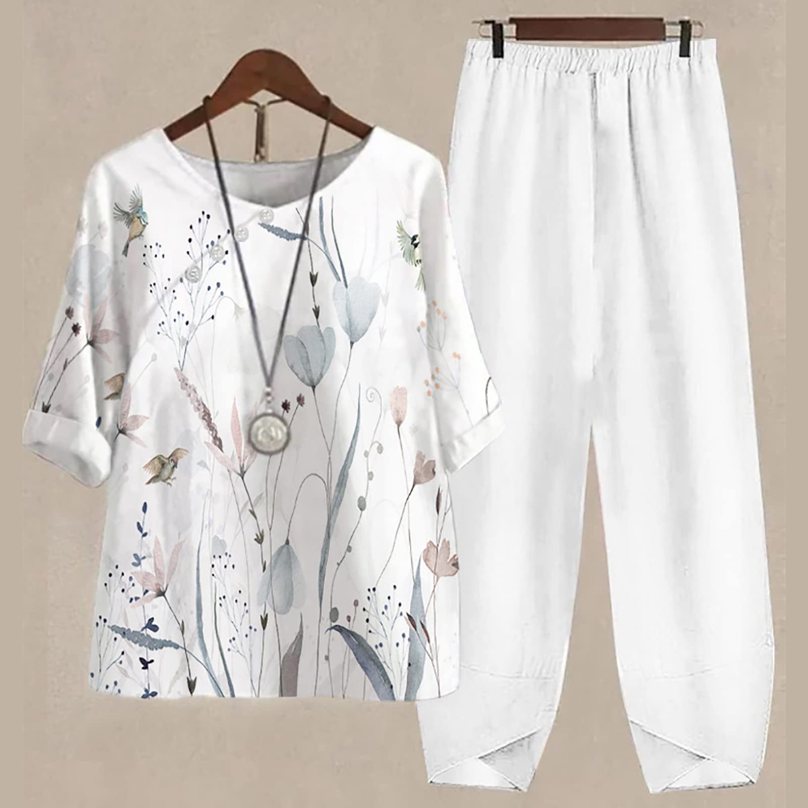 Women's Summer Linen Outfits - 2 Piece Lounge Set with Half Sleeve T-Shirt & Cotton Linen Pants | Plus Size Vacation Wear for Beach, Travel & Relaxation
