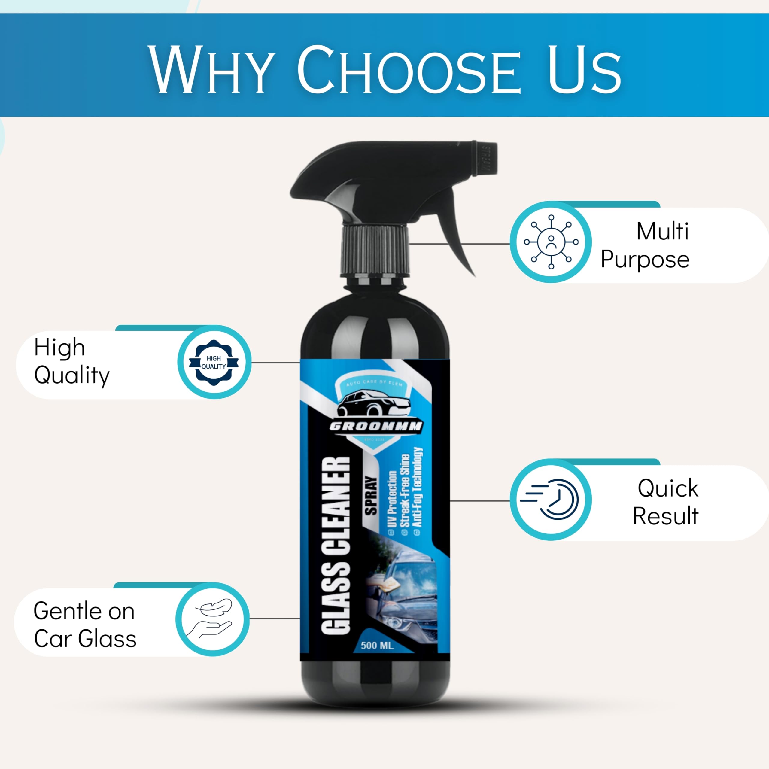 Premium Car Glass Cleaner Spray & Exterior Shine Polish (500ML X 2) - Streak-Free Windshield Cleaner, Auto Body Detailing Spray with Microfiber Cloth - Perfect for Car Wash, RV, Motorcycle & Boat Cleaning