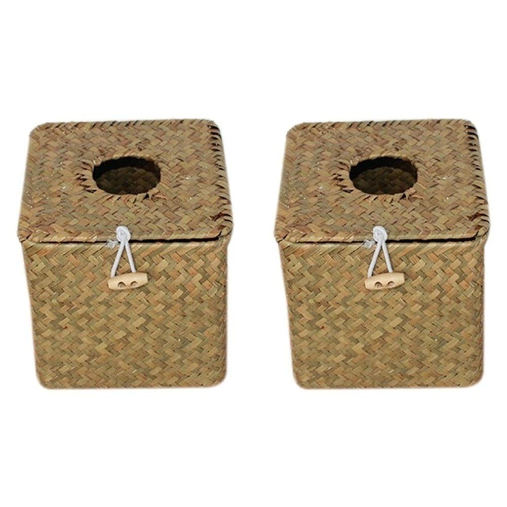 HABADOG 2 Pack Square Seagrass Tissue Box Cover - Natural Woven Paper Napkin Holder & Decorative Facial Tissue Dispenser - Multi-Color Home & Office Decor for Living Room, Bathroom, Kitchen