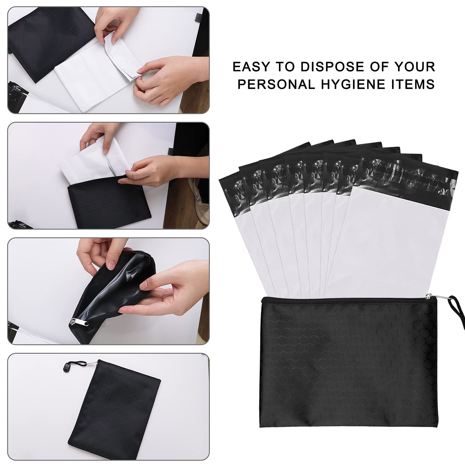 Discreet Feminine Hygiene Disposal Bags - 100 Pack White Opaque Sealed Bags (5x8 inches) for Tampons, Pads & Liners - Includes Black Storage Pouch | Travel, Gym & On-the-Go Sanitary Waste Disposal
