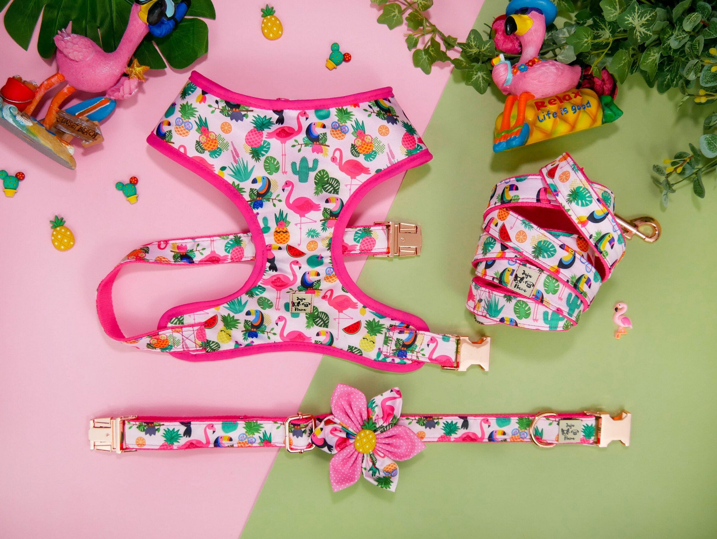 Colorful Tropical Dog Harness Set - Toucan, Pineapple & Flamingo Patterns - Adjustable Pet Vest for Small Medium Large Dogs - Perfect for Beach, Vacation & Summer Outings