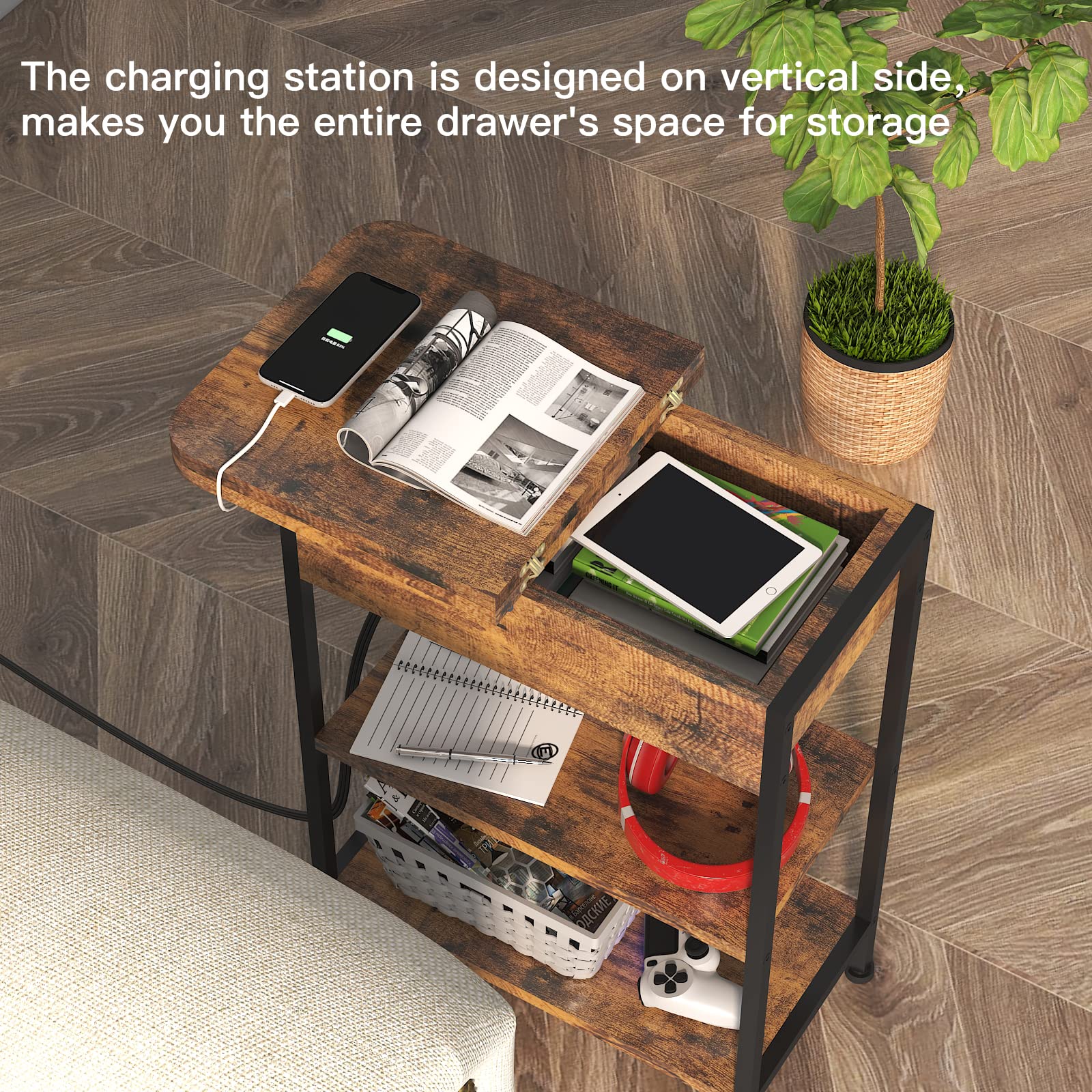 LIDYUK Flip Top End Table with Charging Station - Nightstand with USB Ports & Outlets, Storage Shelf for Small Spaces - Perfect for Bedroom, Living Room as Bedside Table or Side Table (Brown) - Ideal for Charging Devices & Organizing Essentials in Compact Spaces