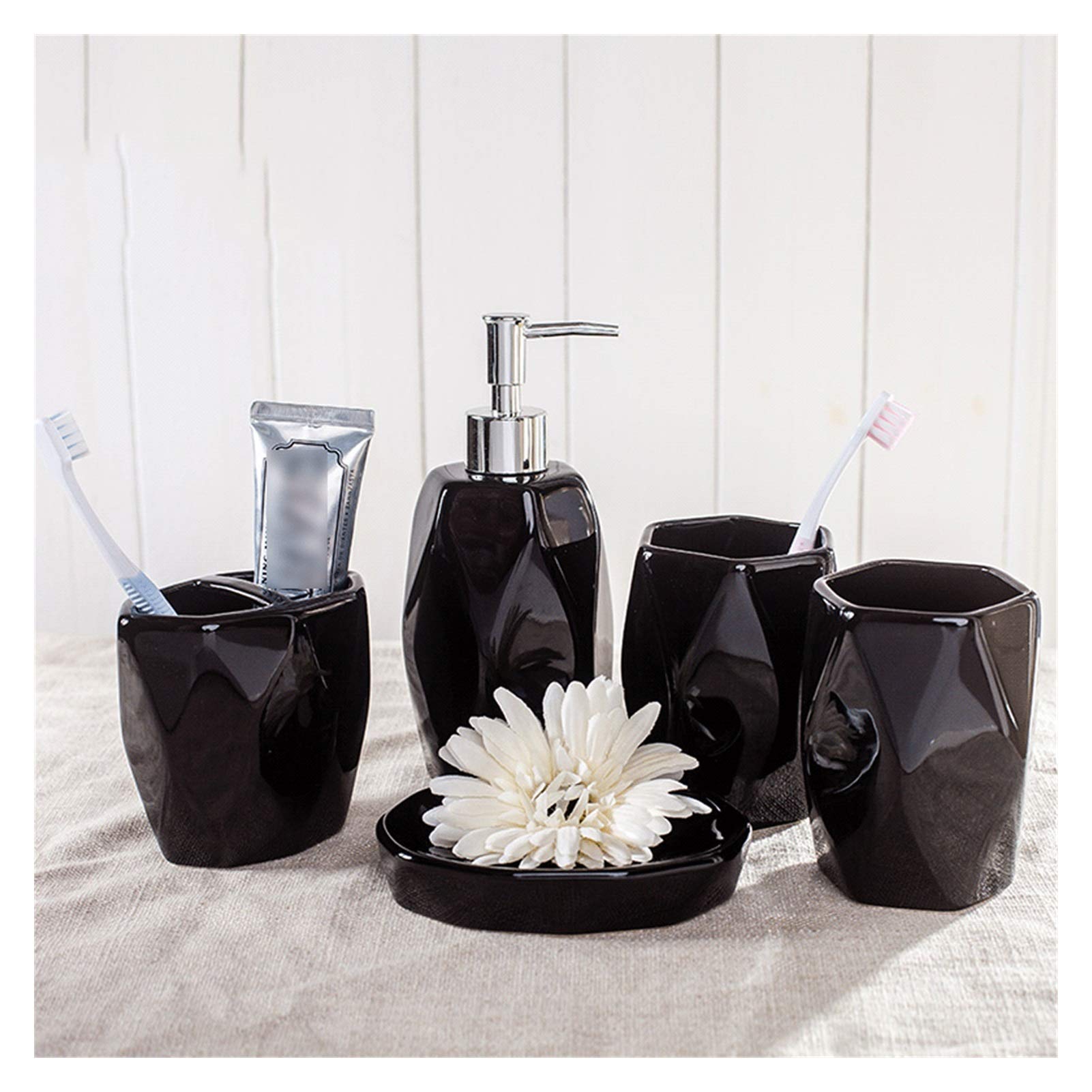 LOMJK 5-Piece Ceramic Bathroom Accessory Set - Soap Dispenser, Soap Dish, Toothbrush Holder & Tumbler - Diamond Shape Design in Black | Modern Bathroom Decor for Home, Hotel & Spa