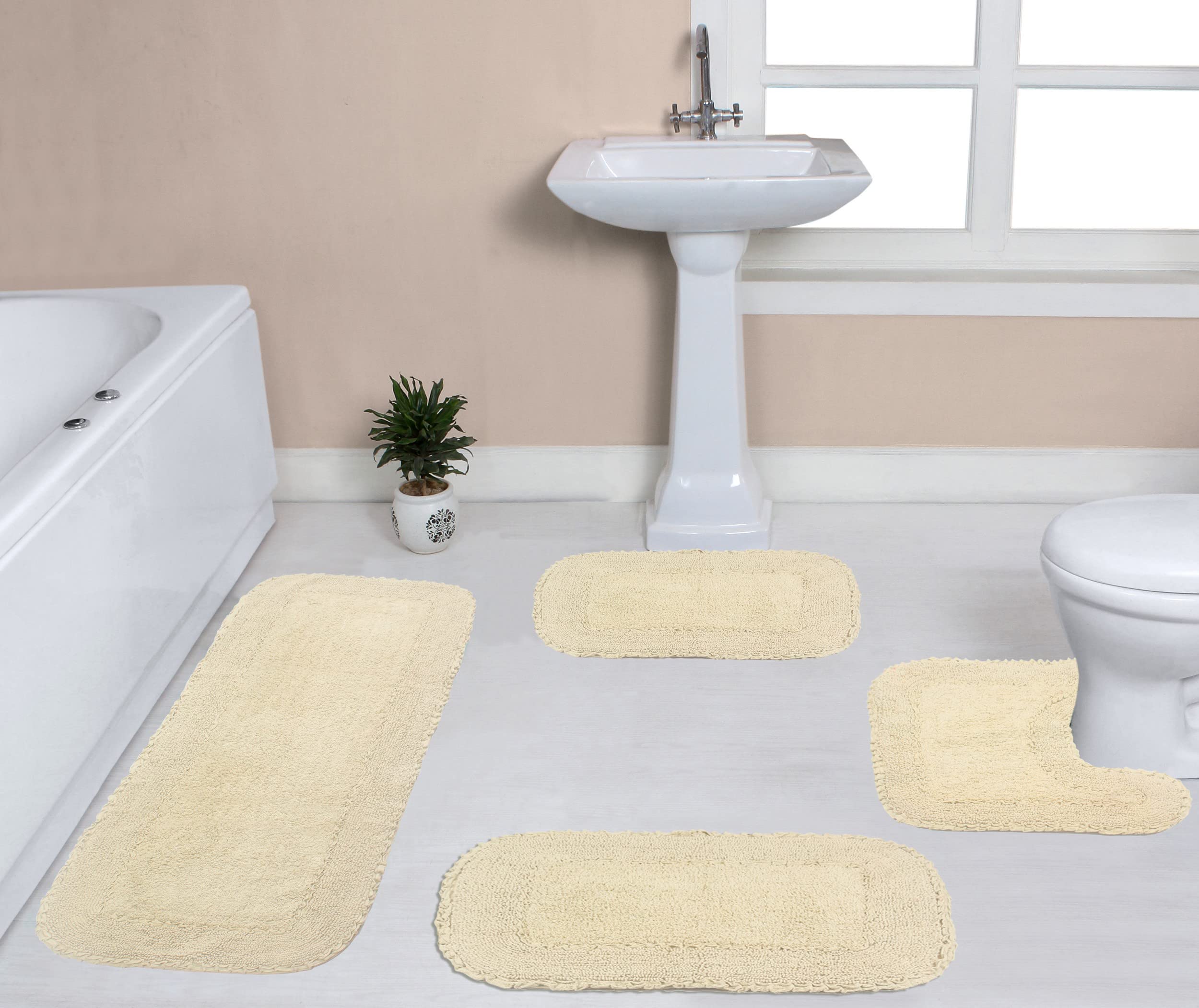 Premium 100% Cotton Bathroom Rug Set - Ultra Soft & Absorbent Non-Slip Bath Mats with Runner - Washable 4-Piece Ivory Collection for Bathroom, Kitchen & Home Decor - Home Weavers Radiant Collection