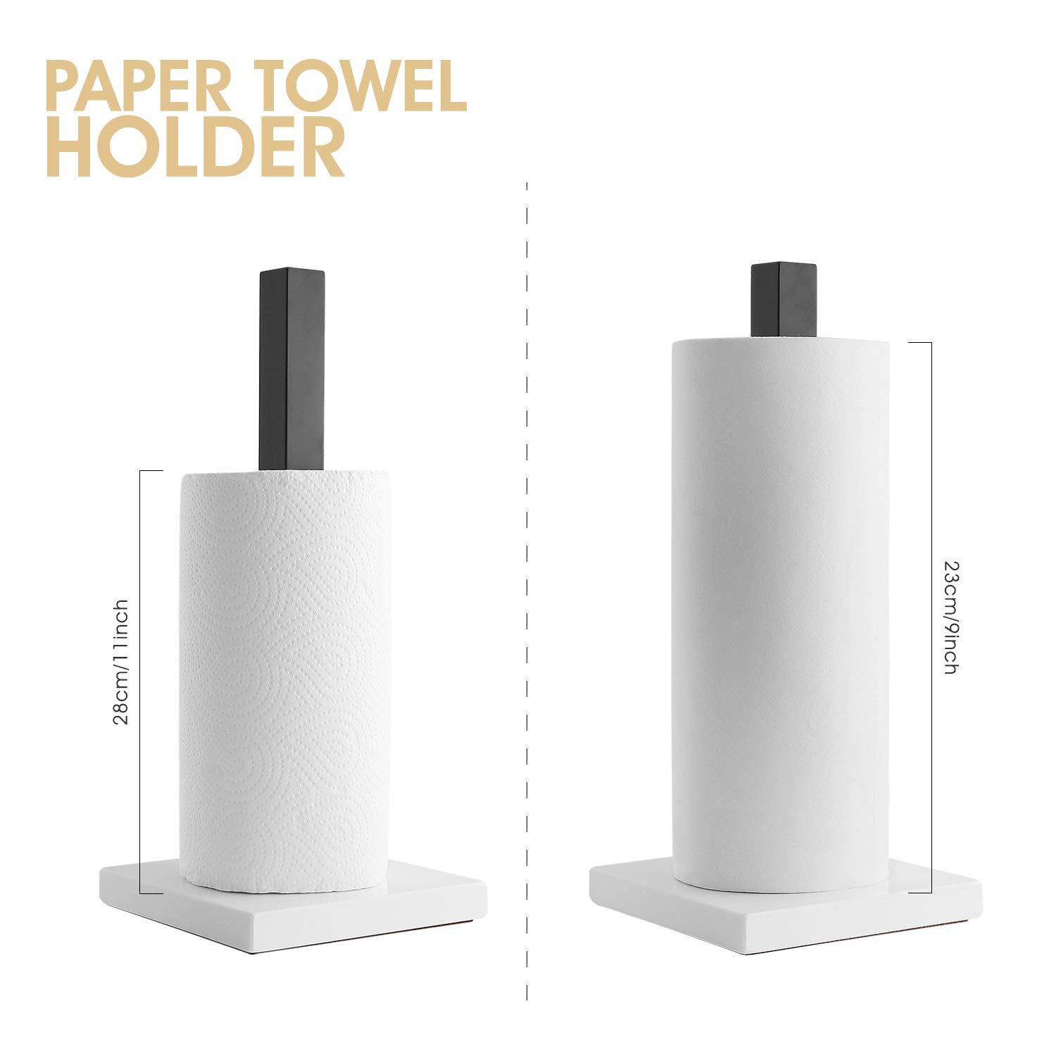 Stainless Steel Paper Towel Holder with Marble Base - Standing Kitchen & Bathroom Countertop Organizer (Matt Black/White) - Perfect for Home, Office, Restaurant Use