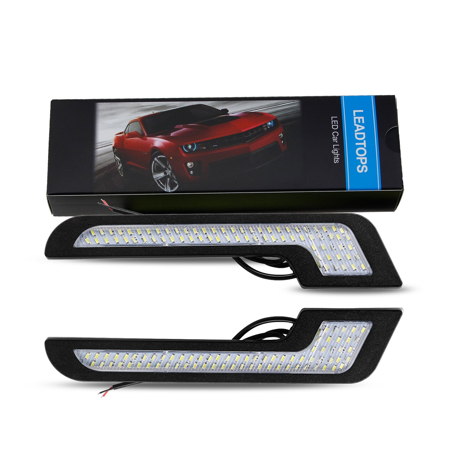 LEADTOPS 12V 6W White LED Daytime Running Lights - L-Shaped DRL Strips with 72 SMD Glass Lens & Back Sticker (2 Pack) | 100% Waterproof, 1 Year Warranty | Perfect for Cars, Trucks, Motorcycles & DIY Lighting Projects