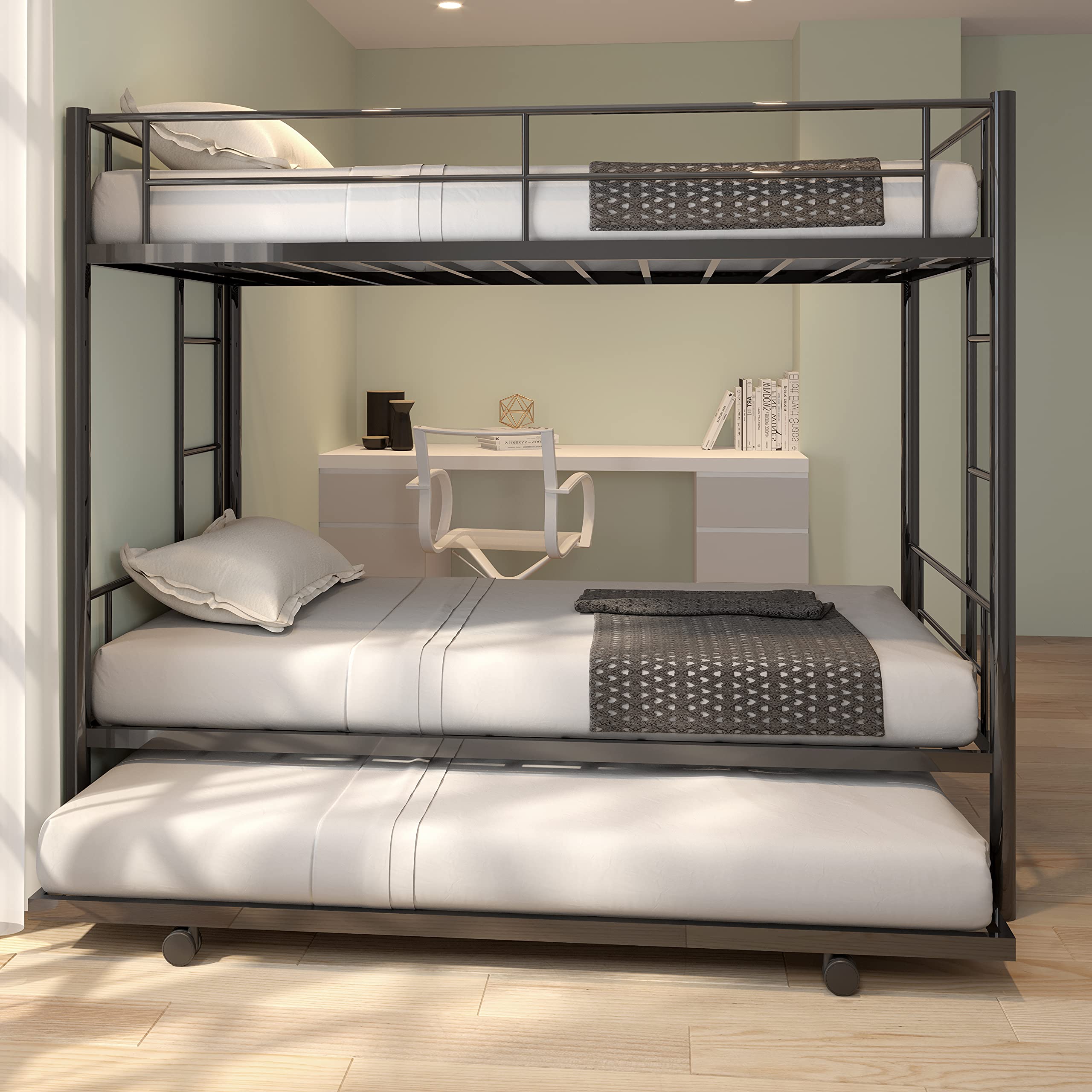 Twin Over Twin Metal Bunk Bed with Trundle - Heavy Duty Twin Size Bunk Bed Frame with 2 Ladders - Convertible Bunk Bed with Safety Guard Rails - No Box Spring Needed (Black) - Perfect for Kids' Rooms, Guest Rooms & Small Spaces
