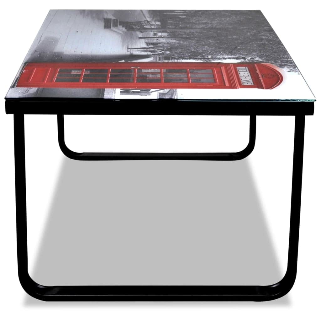 Modern Square Coffee Table with Telephone Booth Print Glass Top - Stylish Living Room & Bedroom Side Table, Center Table for Home Decor | Perfect for Small Spaces, Apartments & Cozy Living Rooms