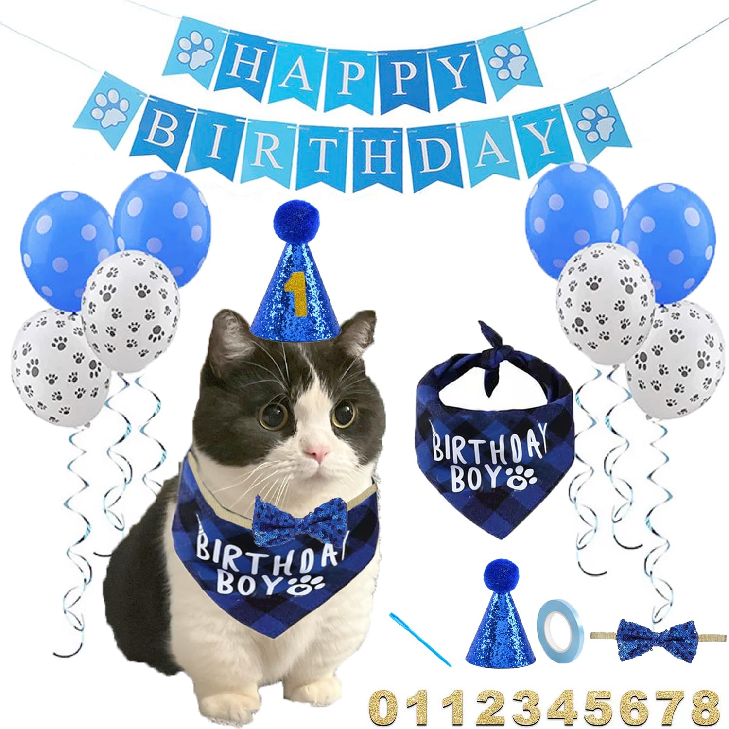 Cat Birthday Party Supplies Set - Kitten Bandanas, Birthday Hat, Number, Banner, Bowtie & 8 Letter Balloons | Perfect for Cat Birthday Decorations & Outfits | Ideal for Kitty Birthday Parties, Photo Shoots & Celebrations