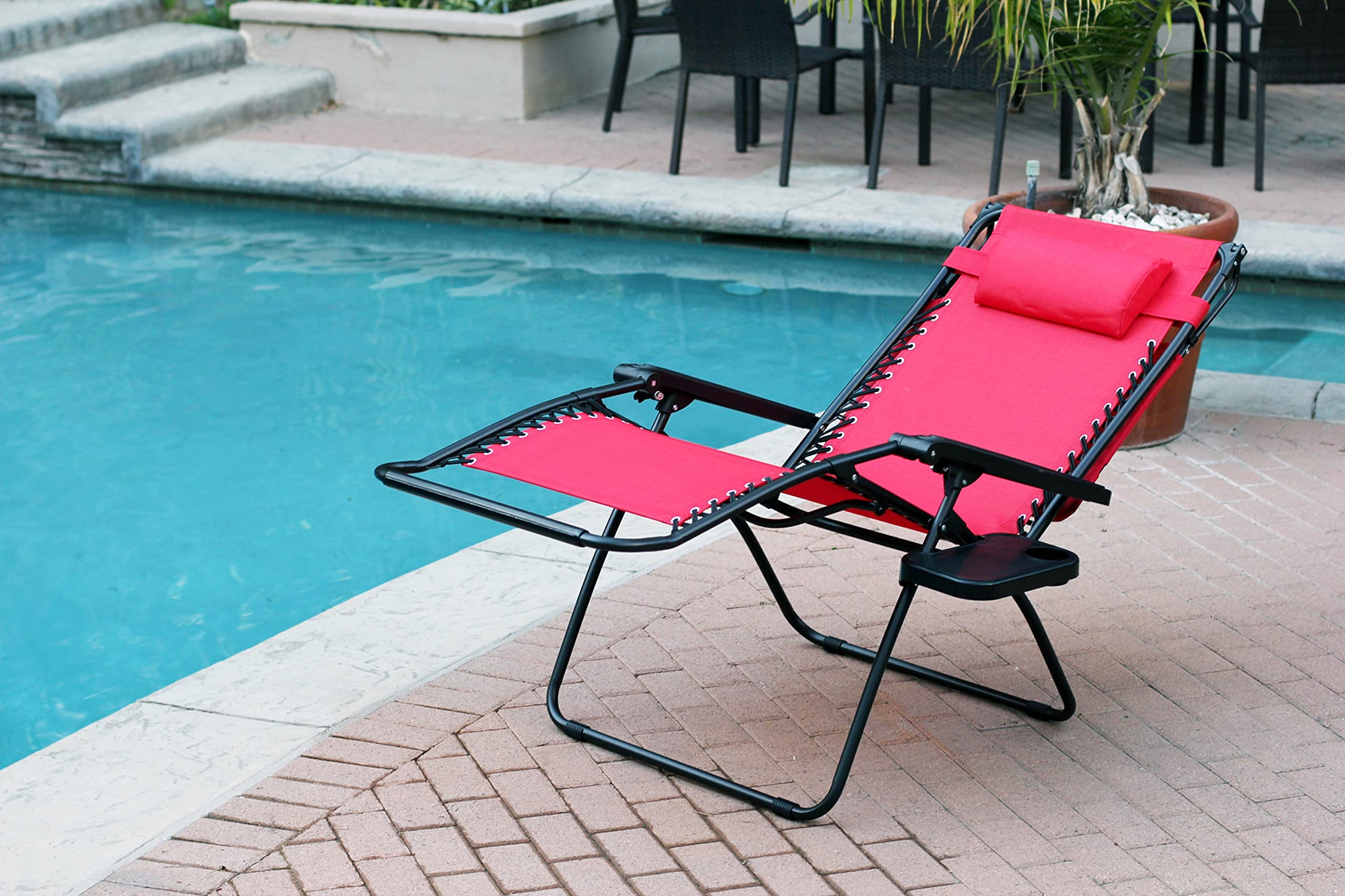 Jeco Oversized Zero Gravity Chair with Sunshade & Drink Tray - Heavy Duty Reclining Lounge Chair for Patio, Poolside, Beach & Backyard Relaxation - Red Outdoor Recliner