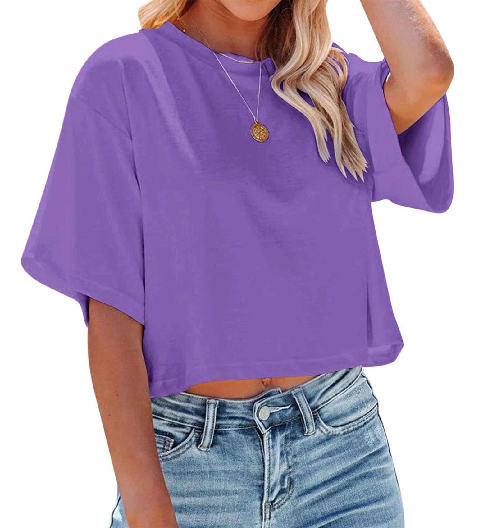 Trendy 2025 Women's Half Sleeve Crewneck Crop Tops - Casual Summer Cropped T-Shirts for Workout & Streetwear | Perfect for Gym, Yoga, Beach & Everyday Fashion