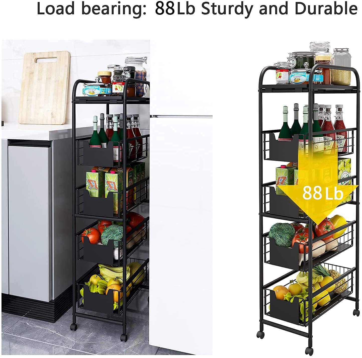 WHIFEA 5-Tier Slim Rolling Cart with Pull-Out Drawers - Space-Saving Corner Storage Shelf Organizer with Wheels - Metal Storage Shelving Unit for Kitchen, Bedroom, Bathroom & Home Office - Perfect for Small Spaces, Pantry Organization & Closet Storage