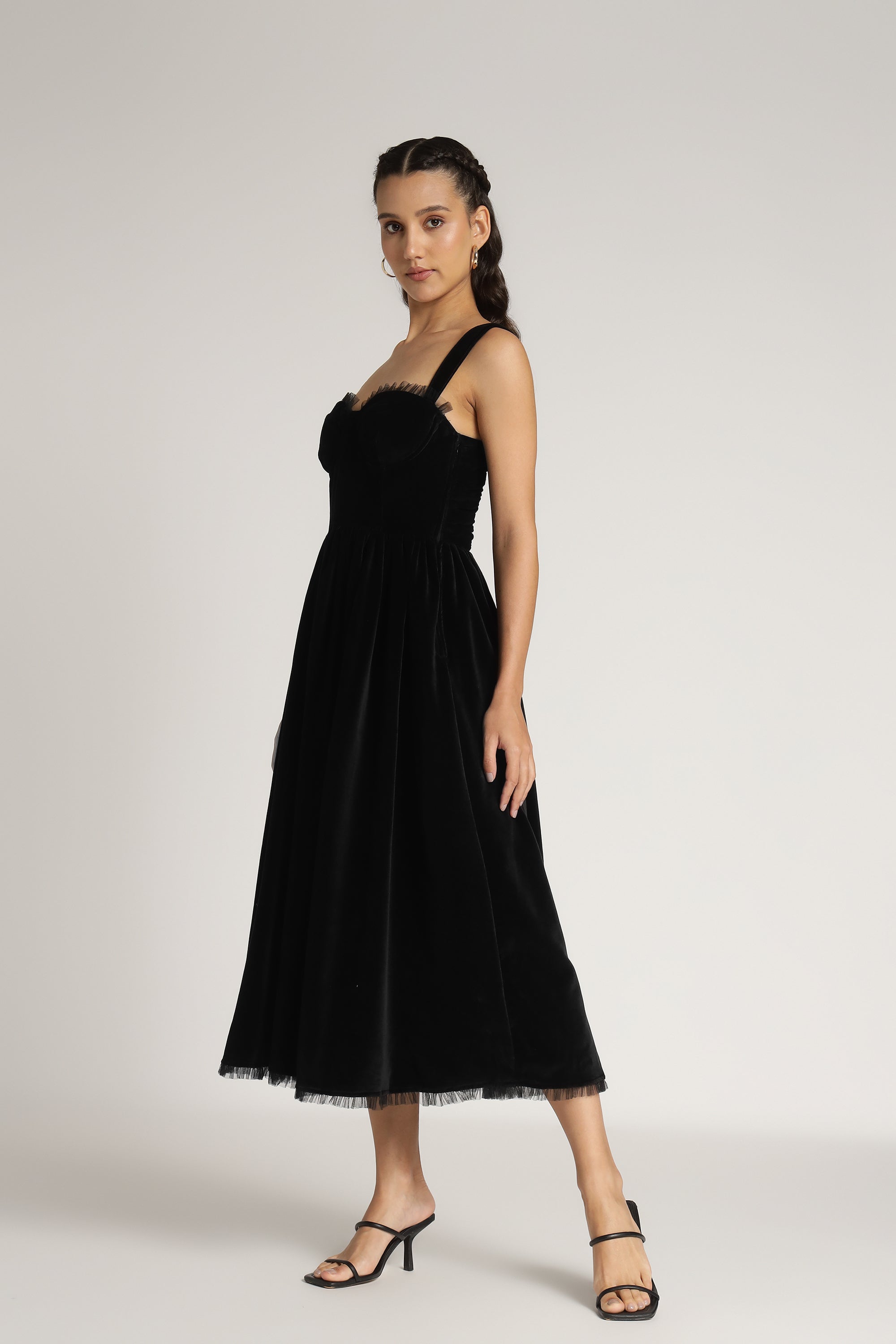 Dune Black Velvet Midi Dress for Women - Elegant Party & Evening Wear - Perfect for Weddings, Cocktail Parties & Date Nights