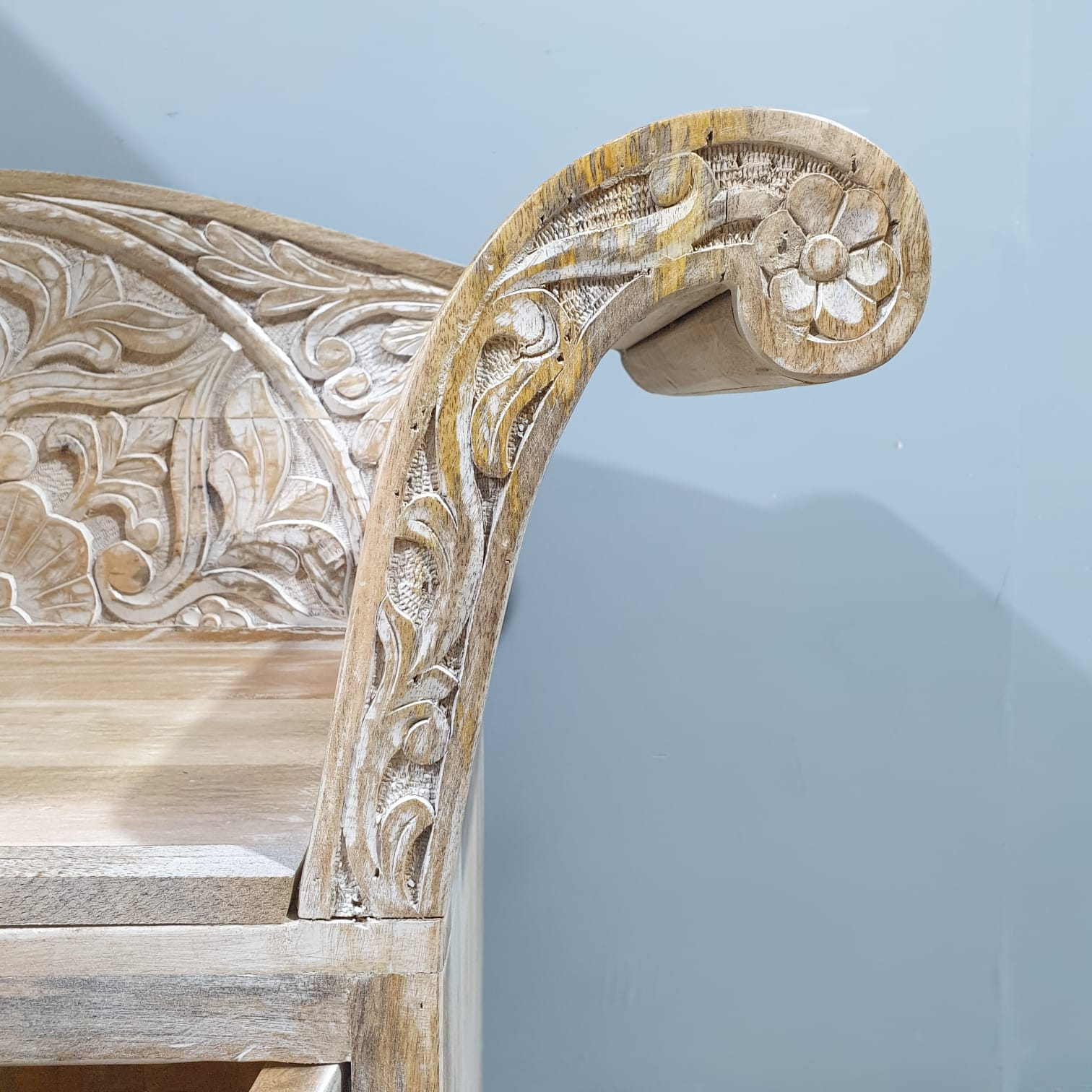 Handcrafted Solid Wood Indian Carved Seat Bench 140x120cm - Whitewash Finish for Boho & Farmhouse Decor | Perfect for Living Room, Bedroom, or Entryway