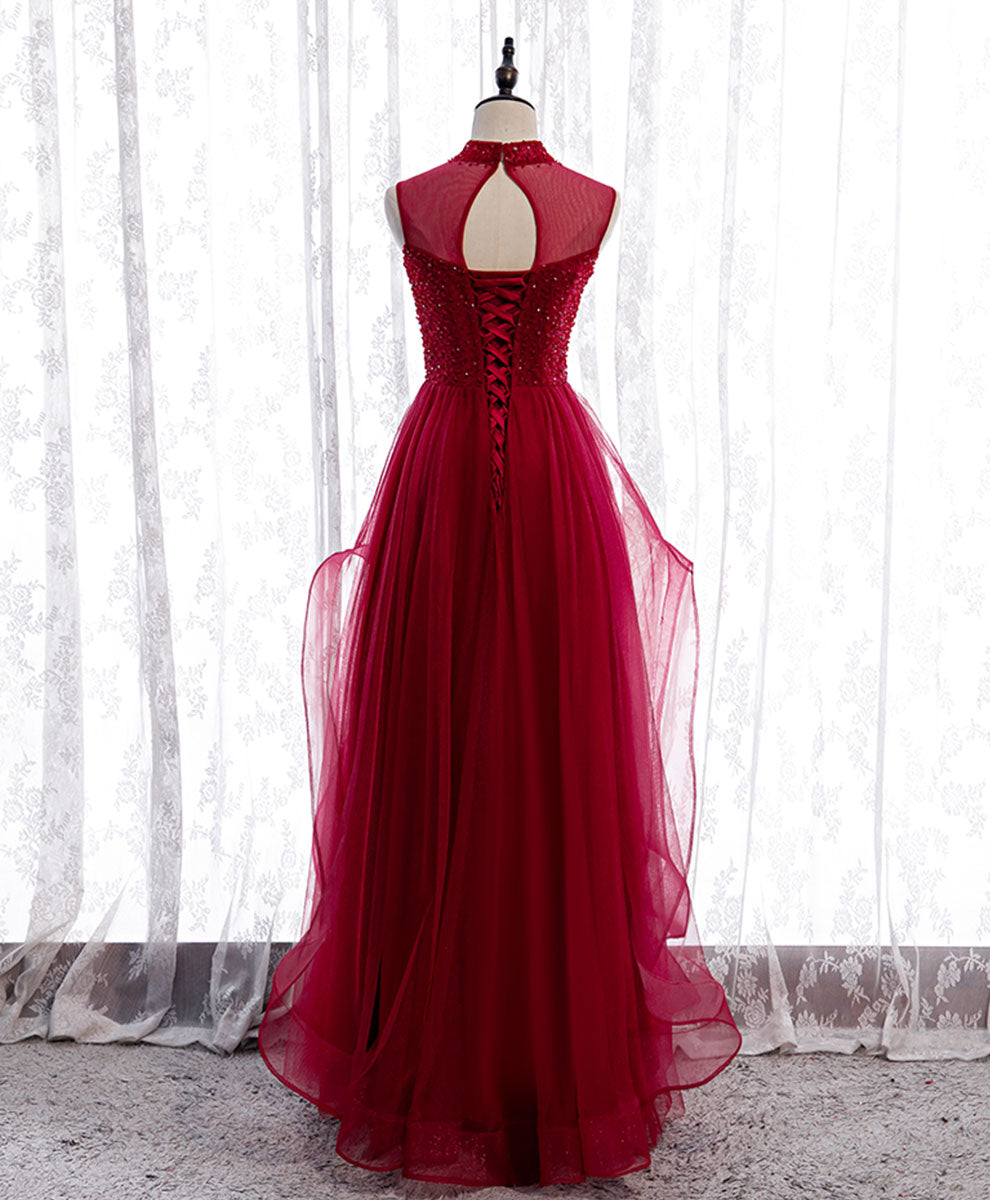 Elegant Burgundy High Neck Tulle Sequin Beaded Long Evening Gown for Women - Perfect for Prom, Gala, Wedding & Formal Events